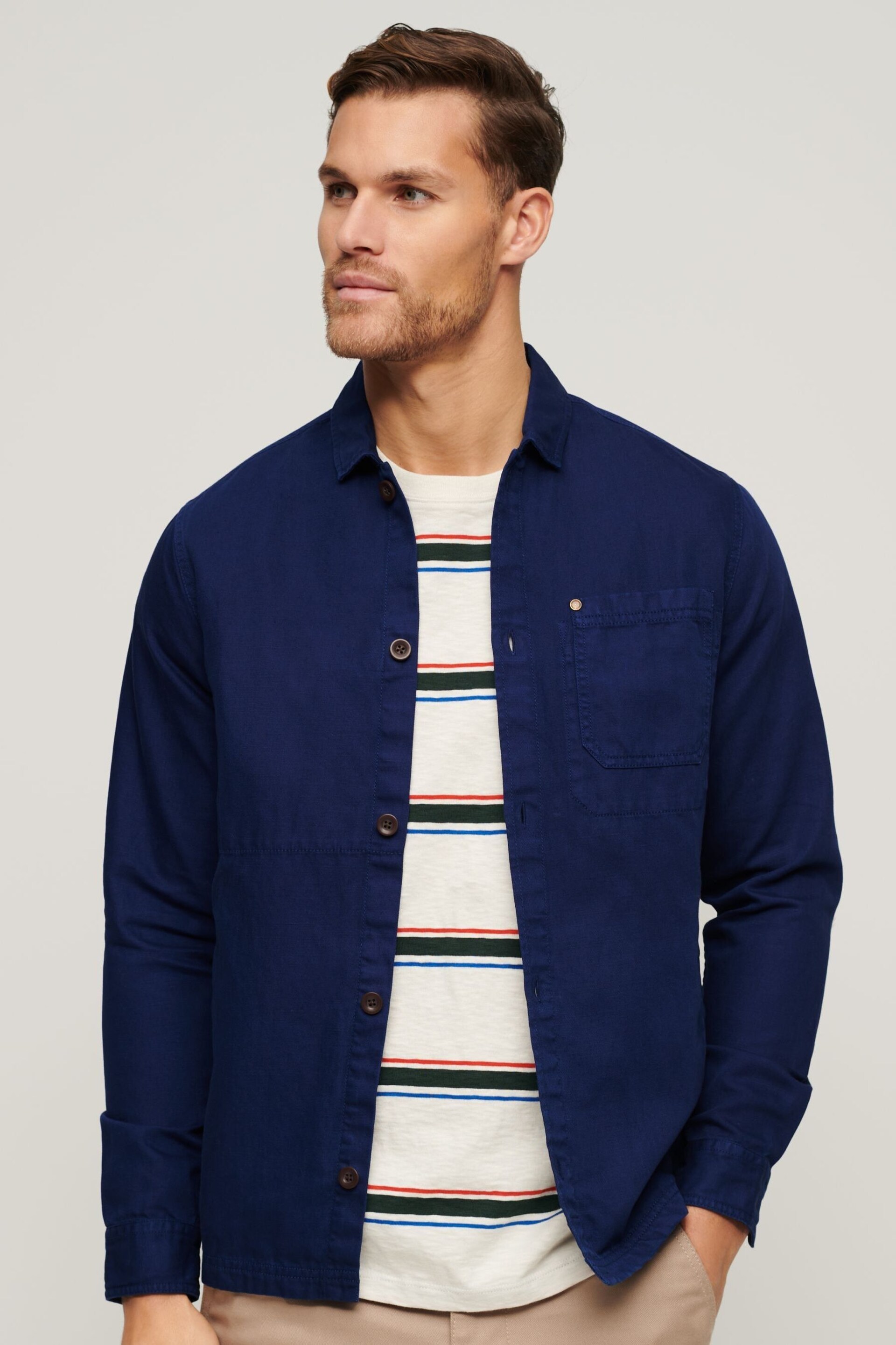 Superdry Blue Merchant Linen Blend Overshirt - Image 1 of 4