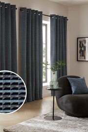 Navy Blue Geometric Chenille Eyelet Lined Curtains - Image 1 of 6