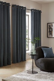 Navy Blue Geometric Chenille Eyelet Lined Curtains - Image 2 of 6