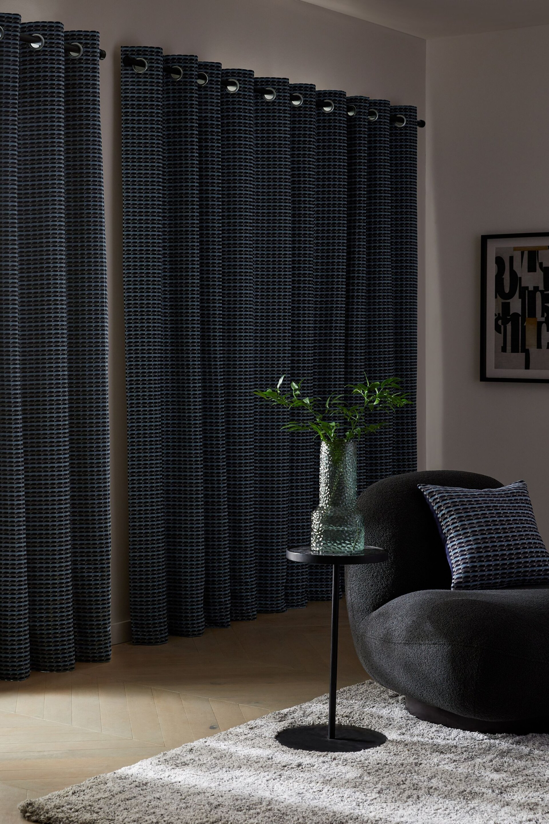 Navy Blue Geometric Chenille Eyelet Lined Curtains - Image 3 of 6