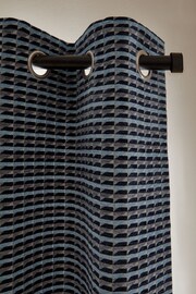Navy Blue Geometric Chenille Eyelet Lined Curtains - Image 5 of 6