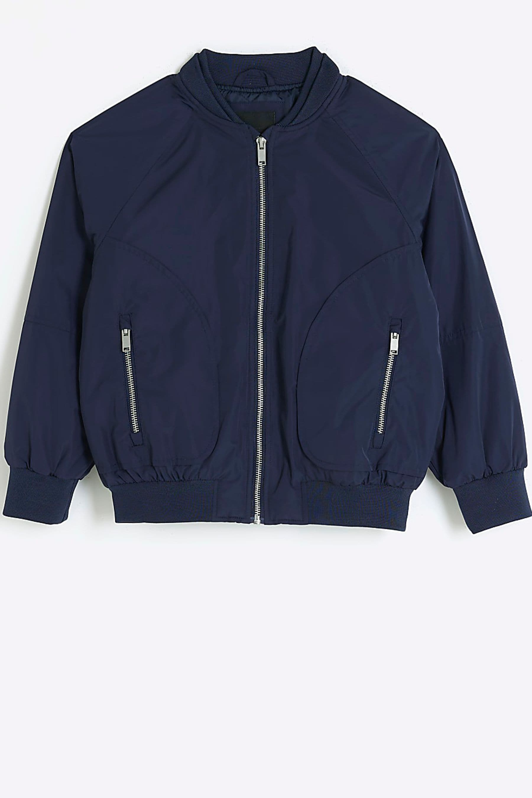 Blue nylon bomber jacket deals