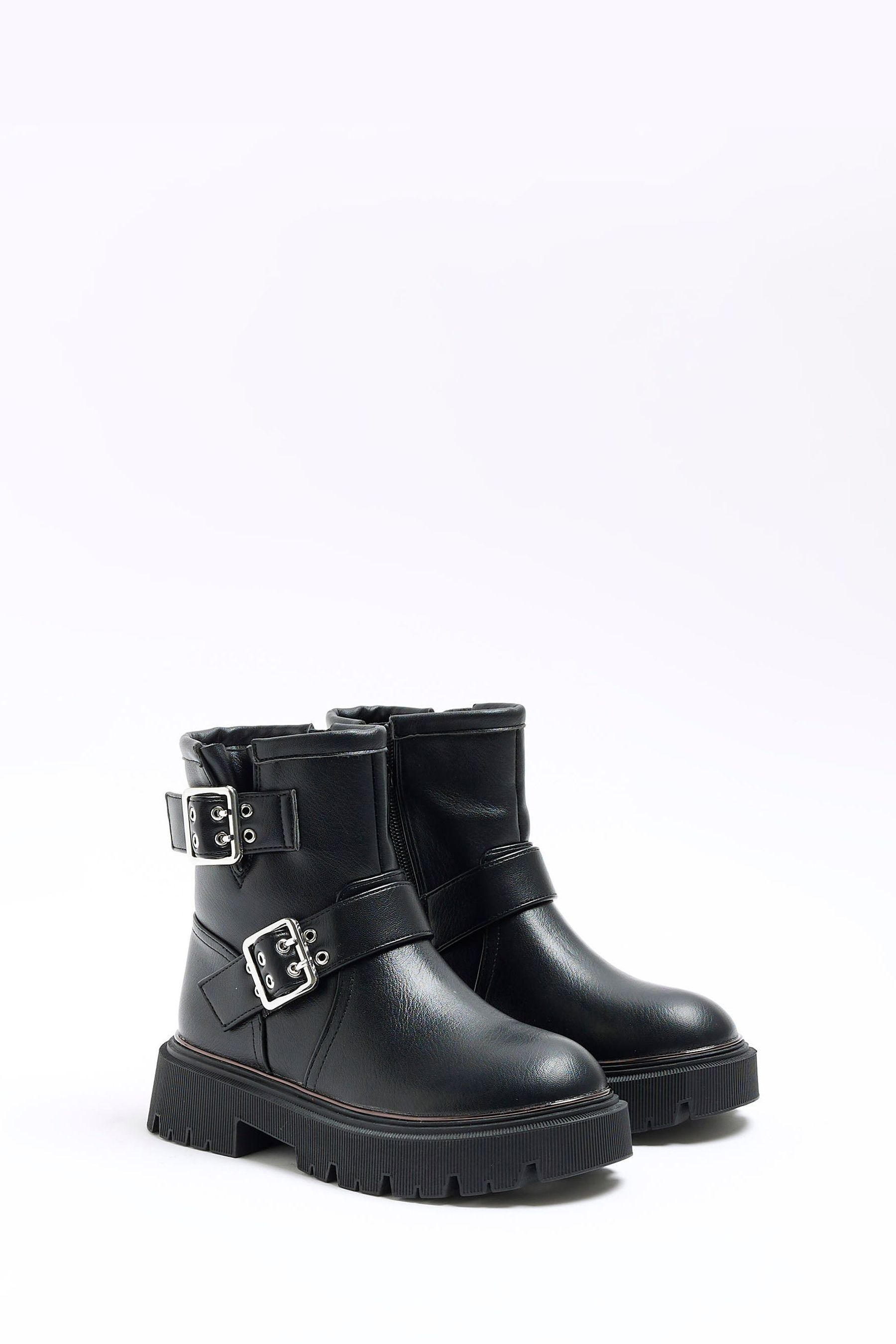 Buy River Island Black Girls Double Buckle Biker Boots from Next Luxembourg