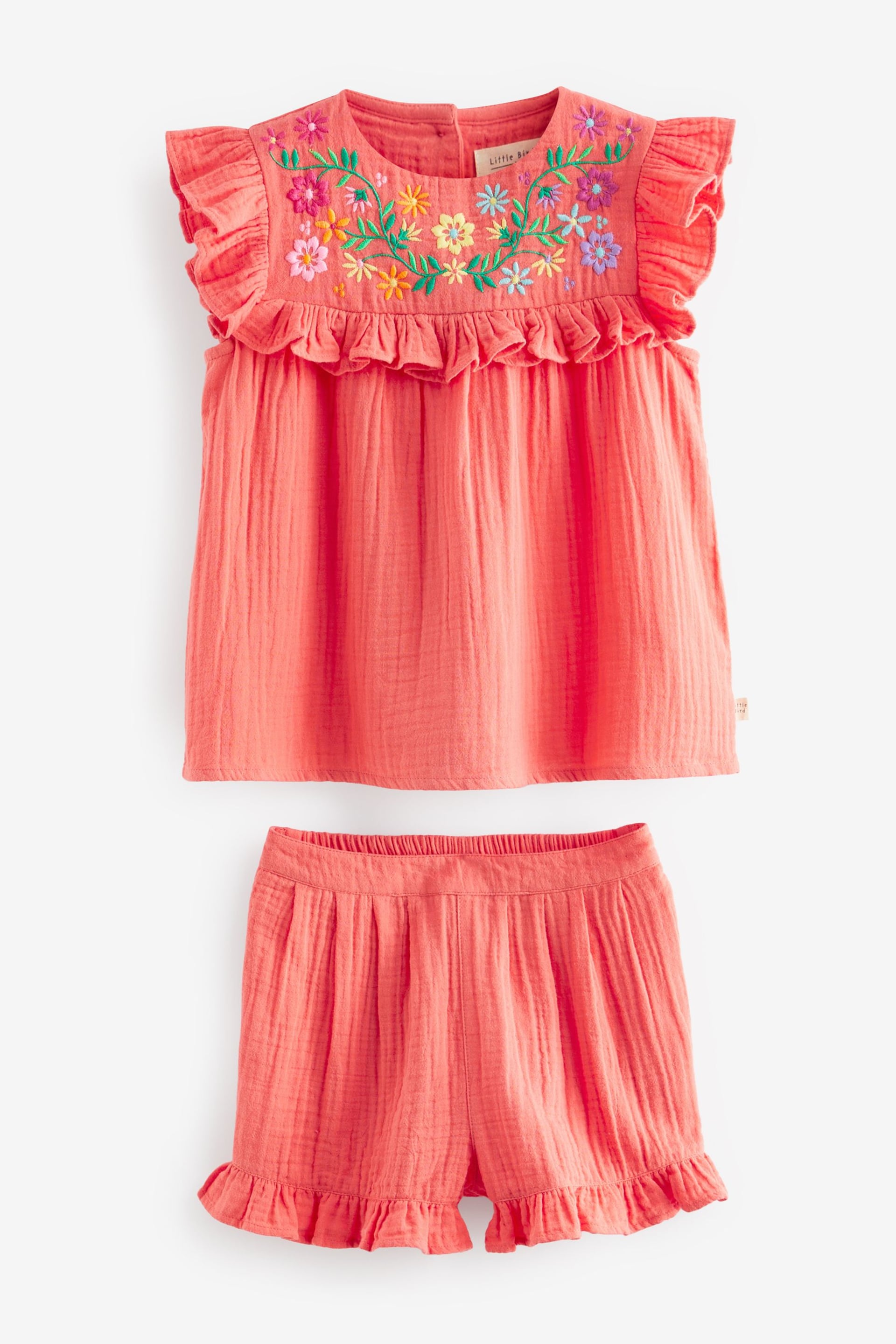 Little Bird by Jools Oliver Pink Floral Embroidered Frill Tank Top and Shorts Set - Image 5 of 8