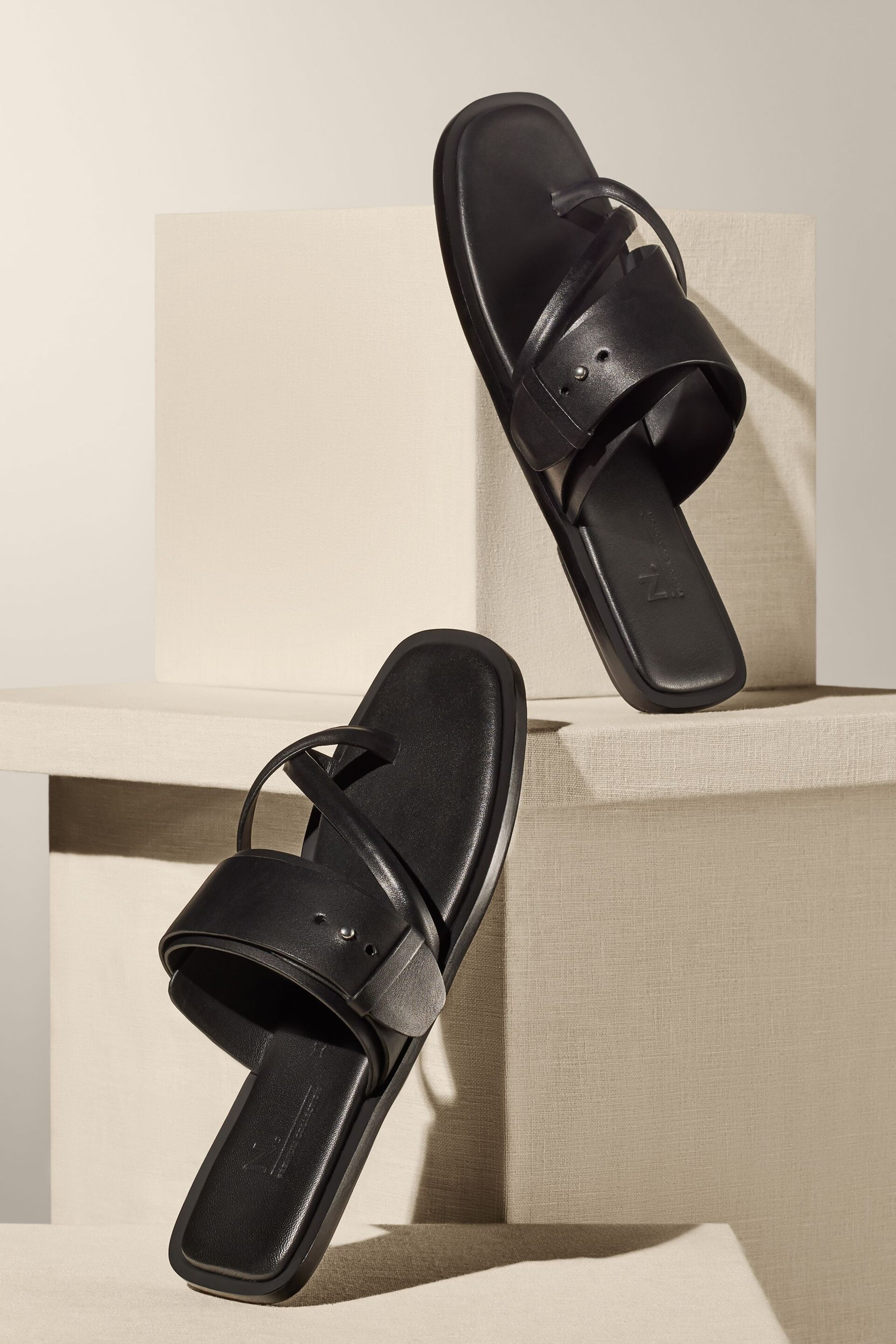 Black Premium Leather Forever Comfort® Cross Toe Post Sandals - Image 1 of 9
