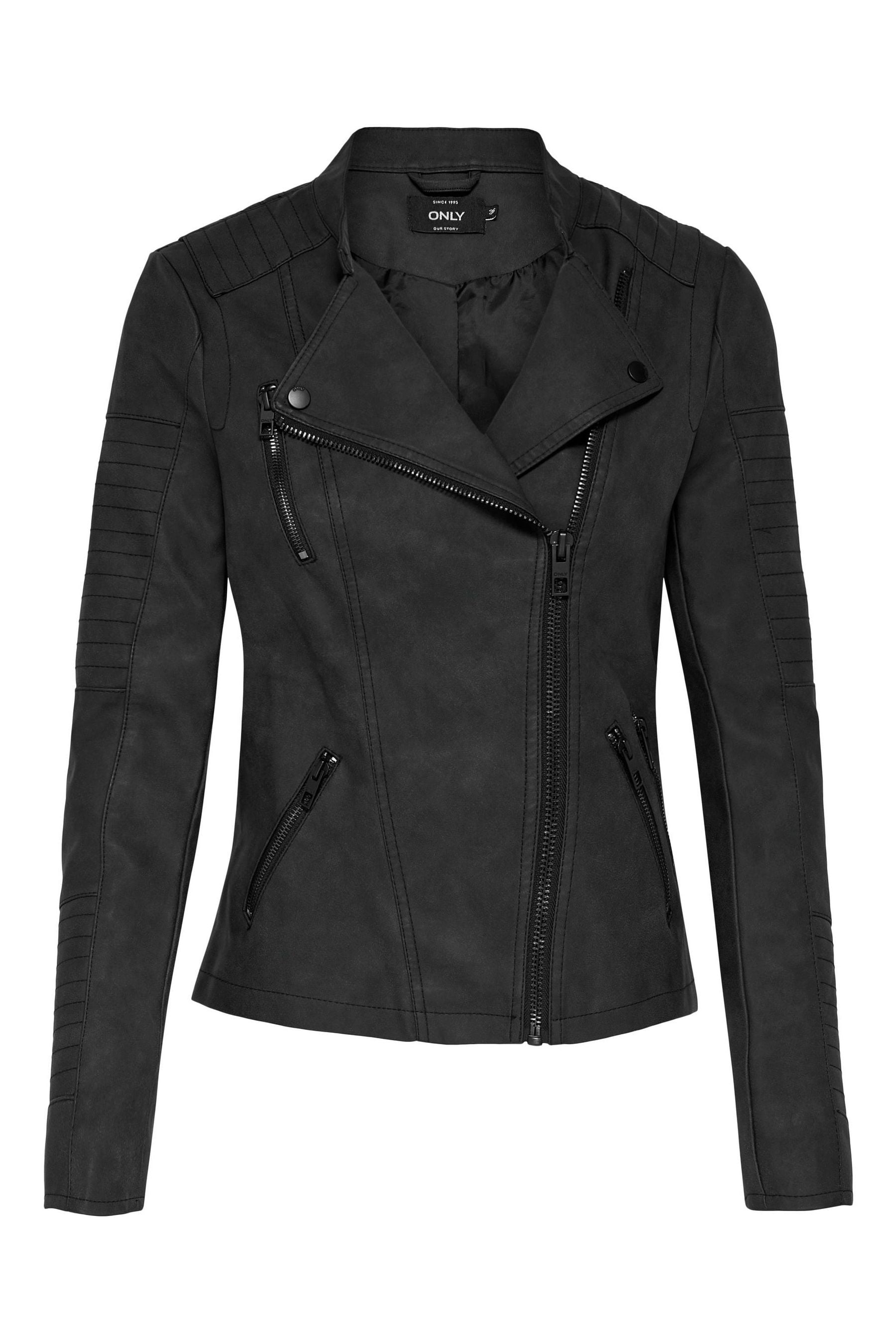 Collarless faux leather biker jacket online