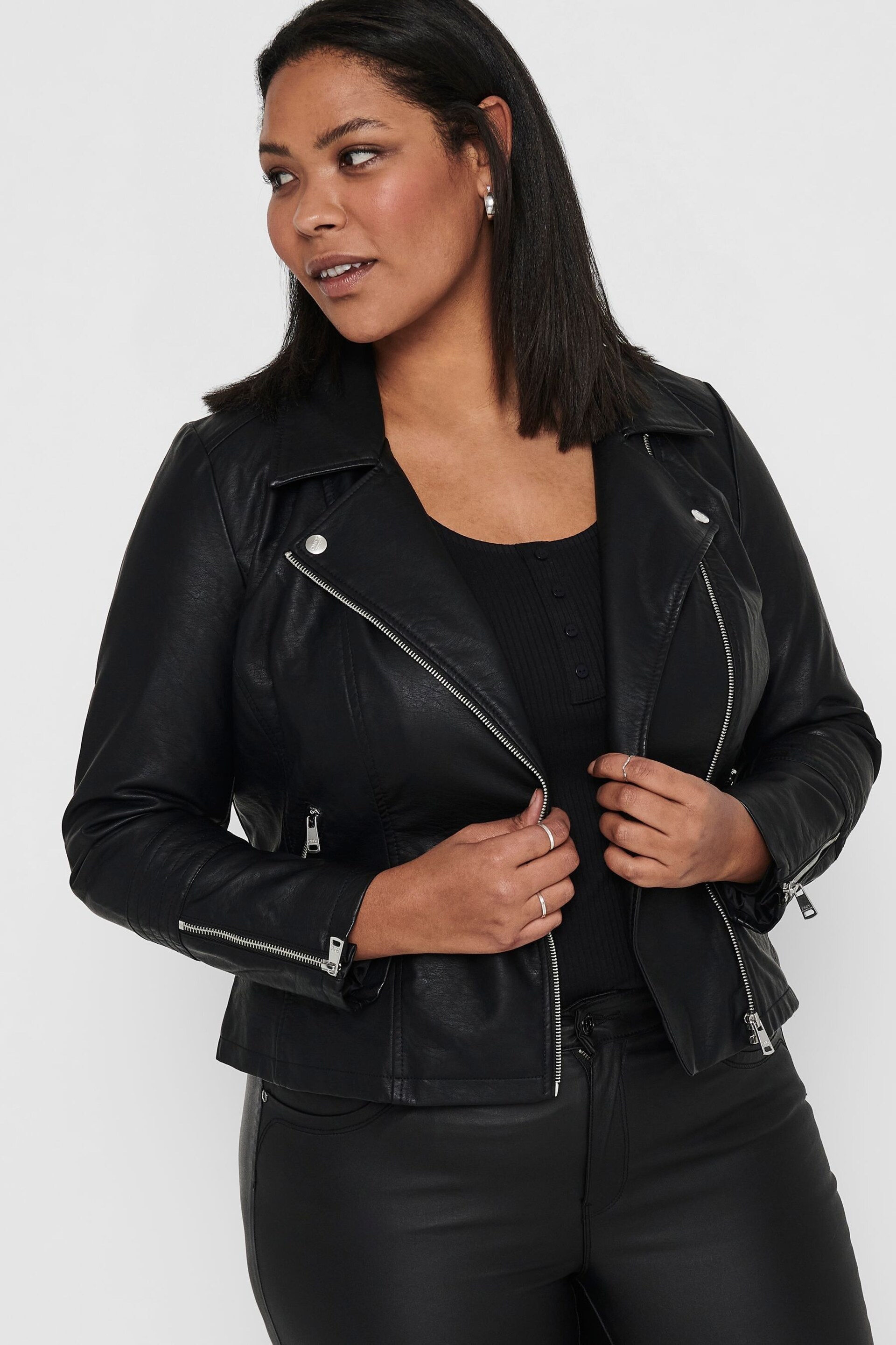 ONLY Curve Black Faux Fur Leather Biker Jacket - Image 2 of 6