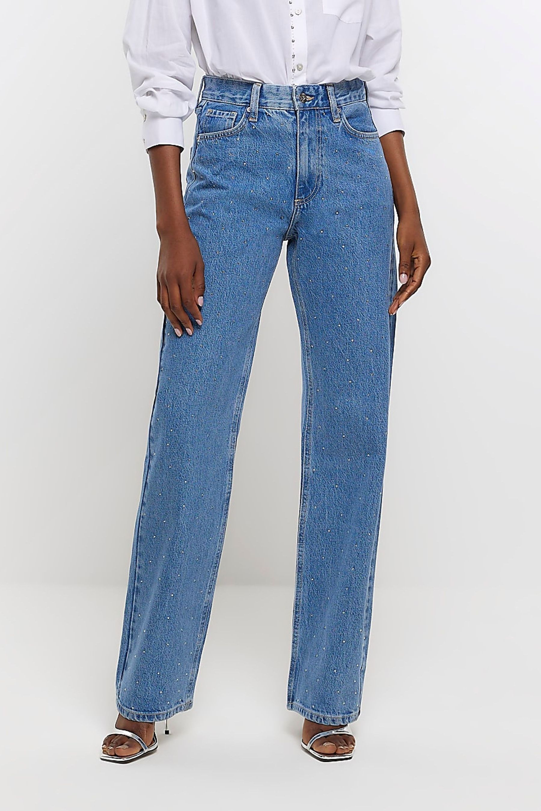 River Island Blue High Rise Diamante Straight Jeans