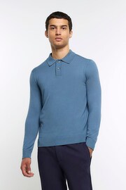 River Island Blue Knitted Polo Jumper - Image 1 of 4