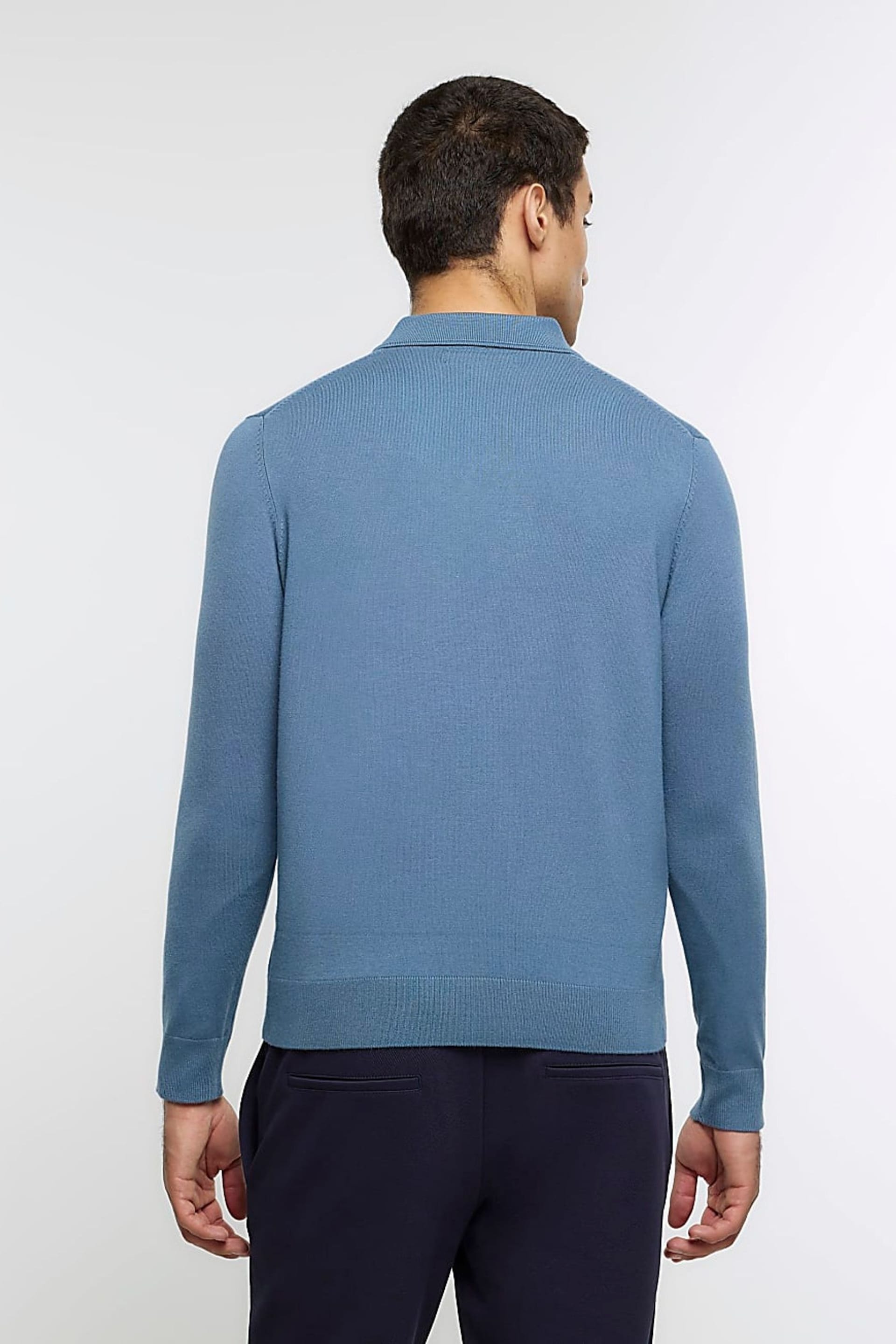 River Island Blue Knitted Polo Jumper - Image 2 of 4