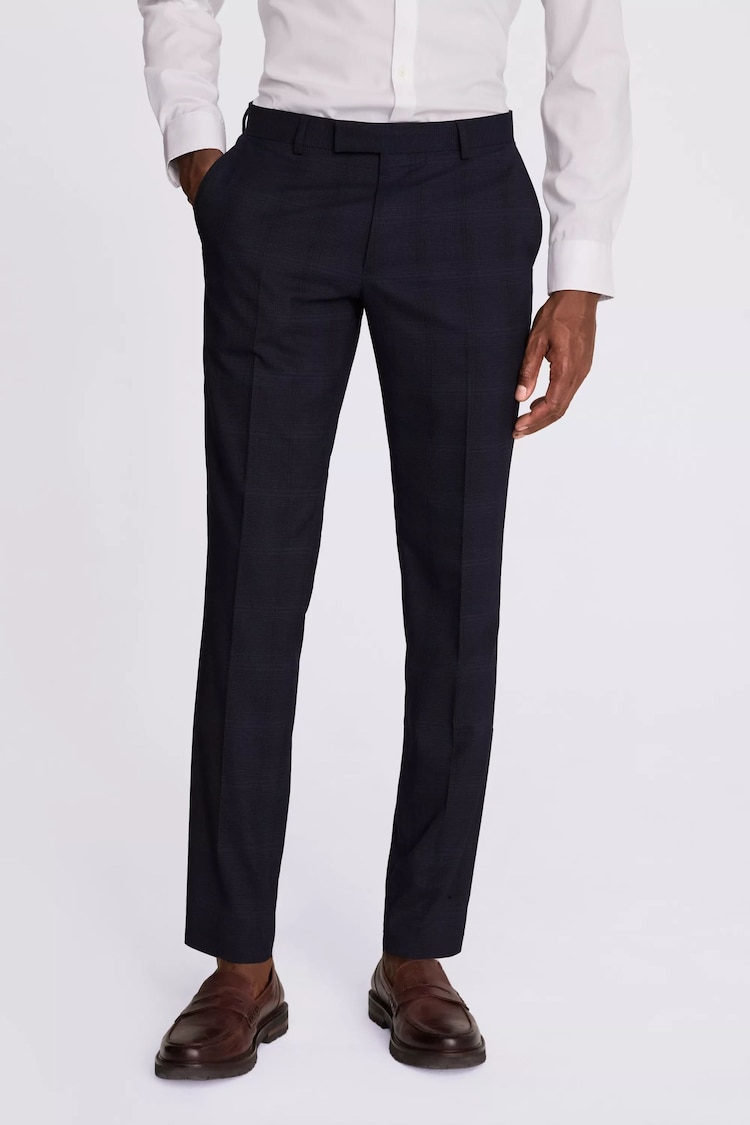 MOSS Navy Blue Slim Fit Check Trousers - Image 1 of 3