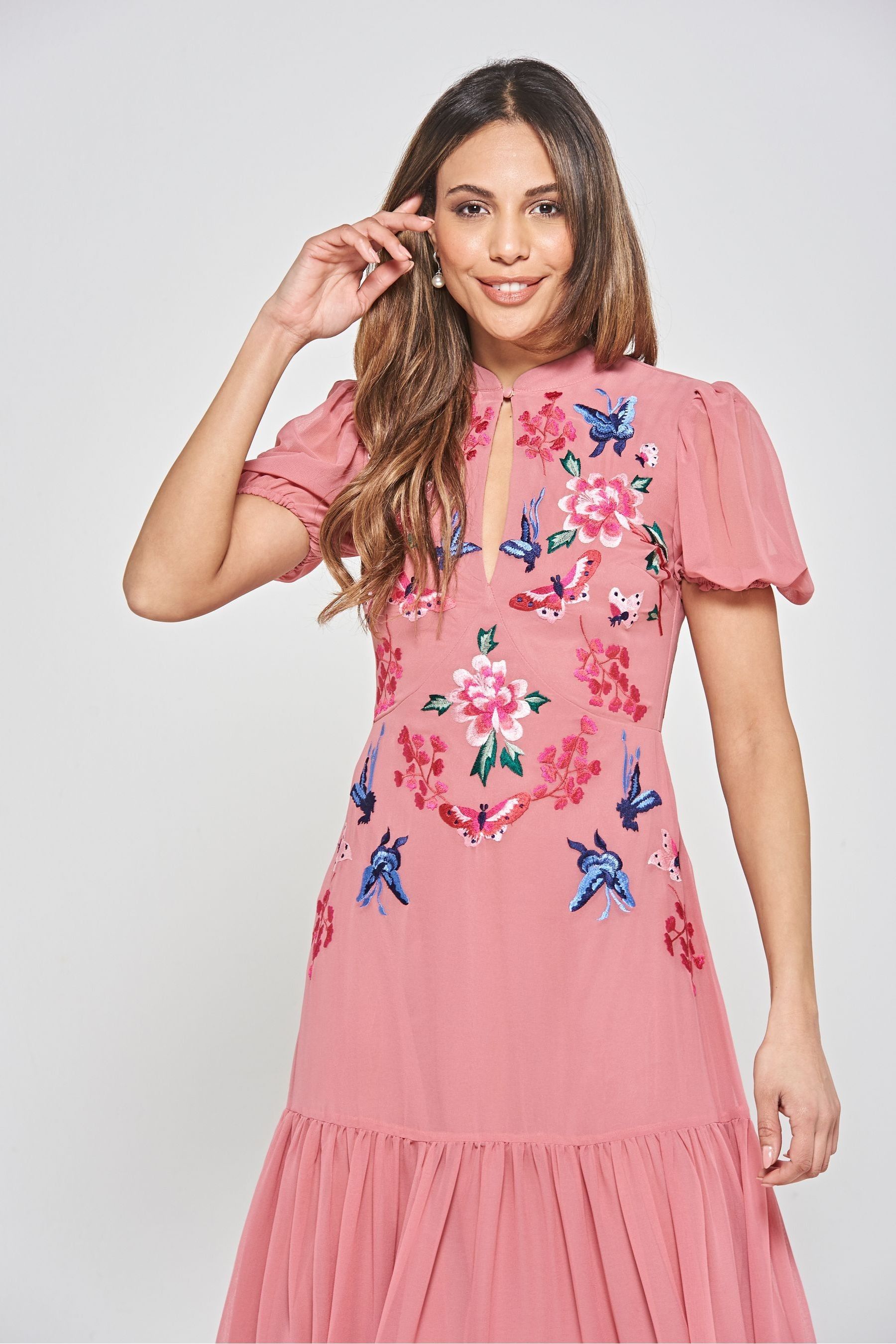 Buy Frock and Frill Pink Embroidered Midi Dress from Next Luxembourg