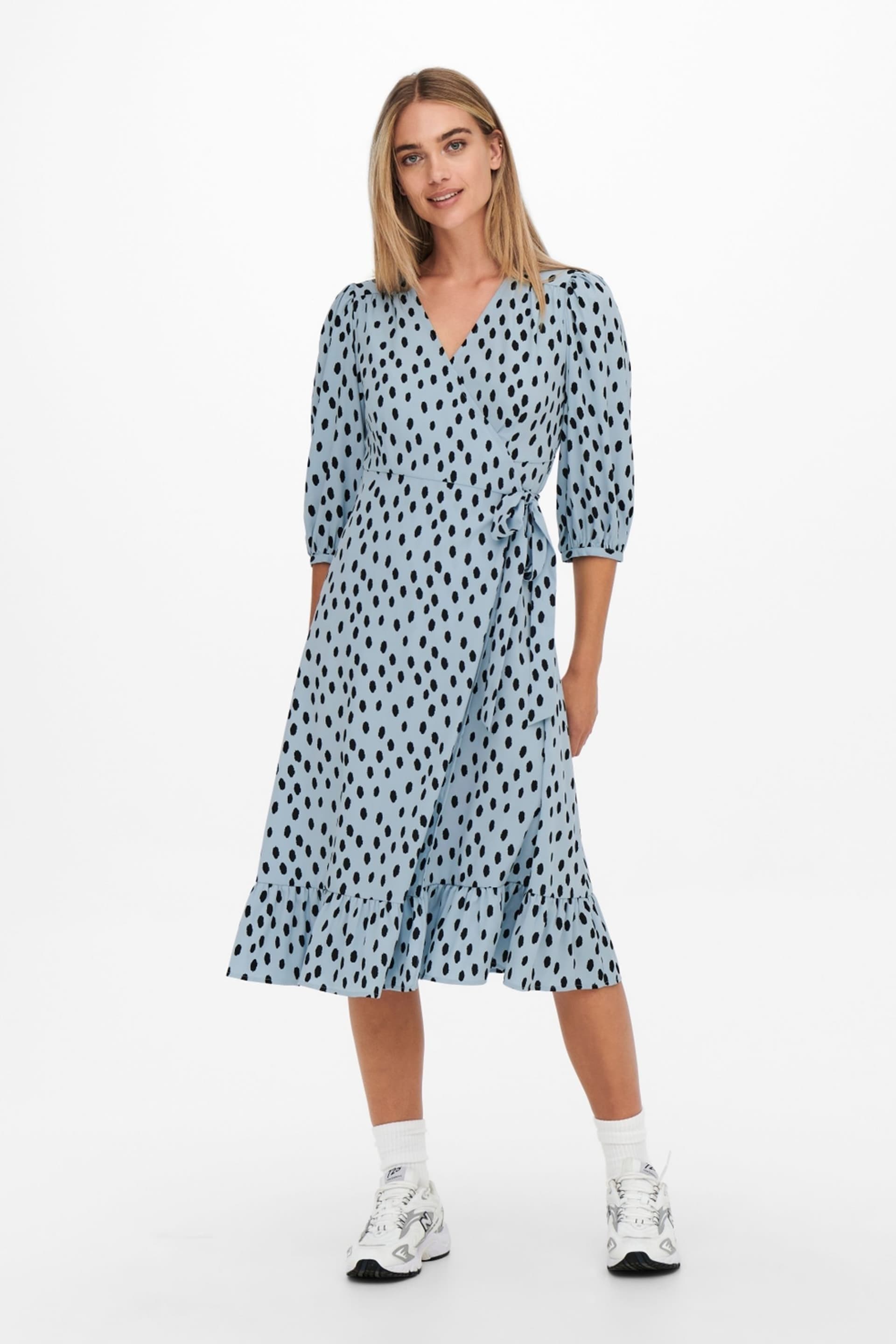 ONLY Blue Long Sleeve Wrap Midi Dress - Image 4 of 7