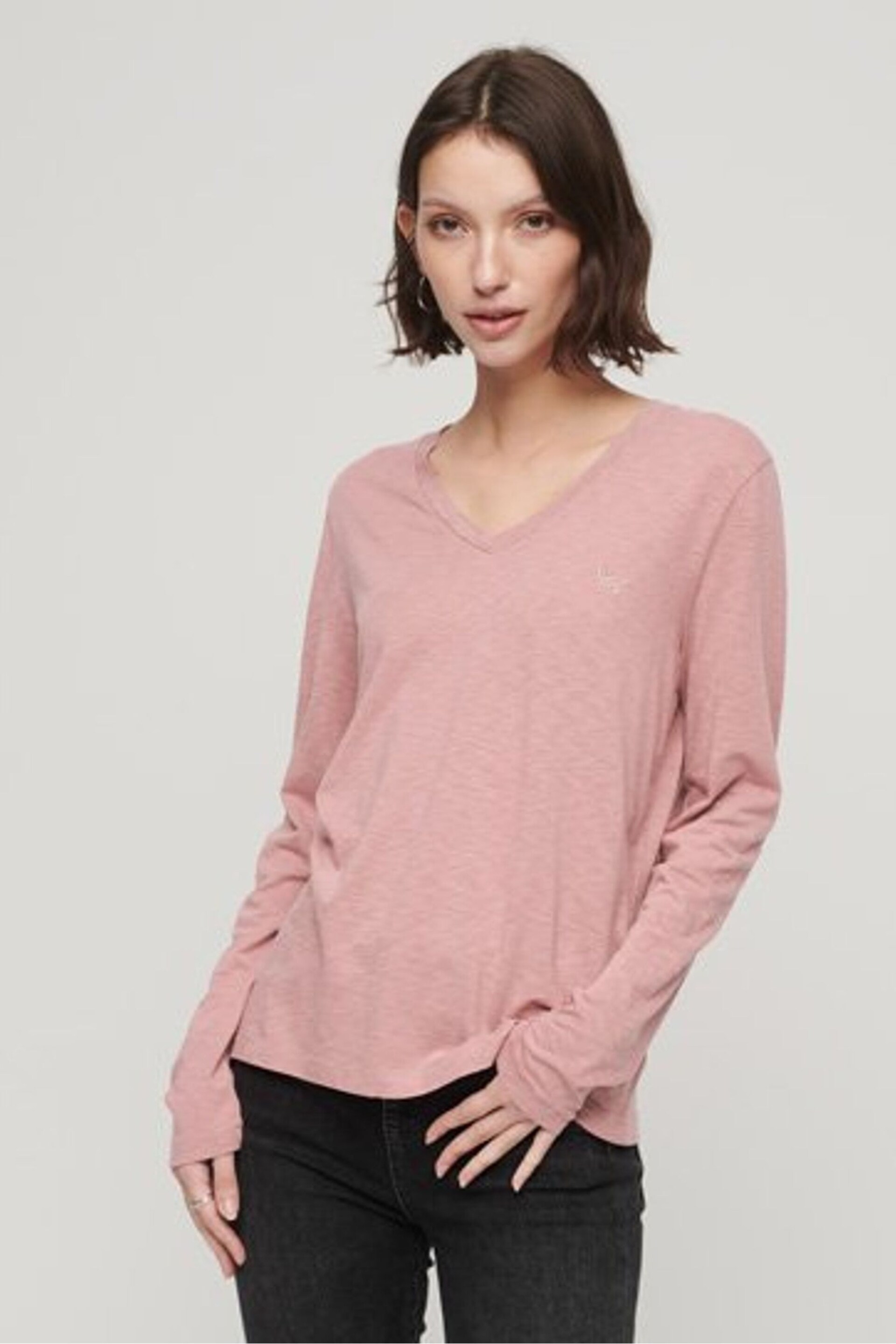 Superdry Pink Long Sleeve Jersey V-Neck Top - Image 1 of 6