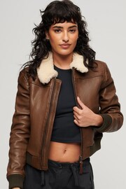 Superdry Brown Leather Borg Collar Jacket - Image 1 of 5