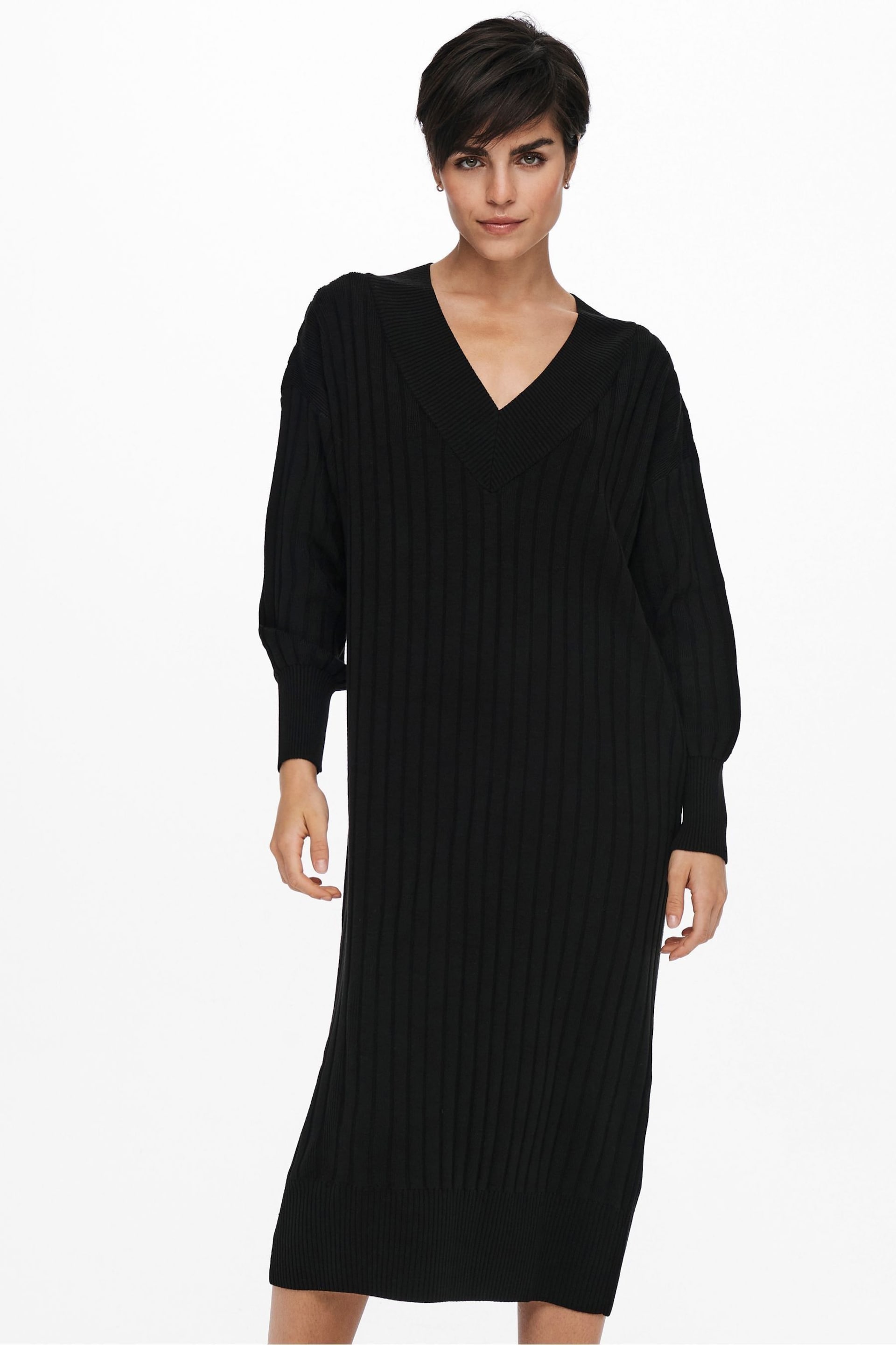 ONLY Black V-Neck Midi Knitted Jumper Dress - Image 1 of 6