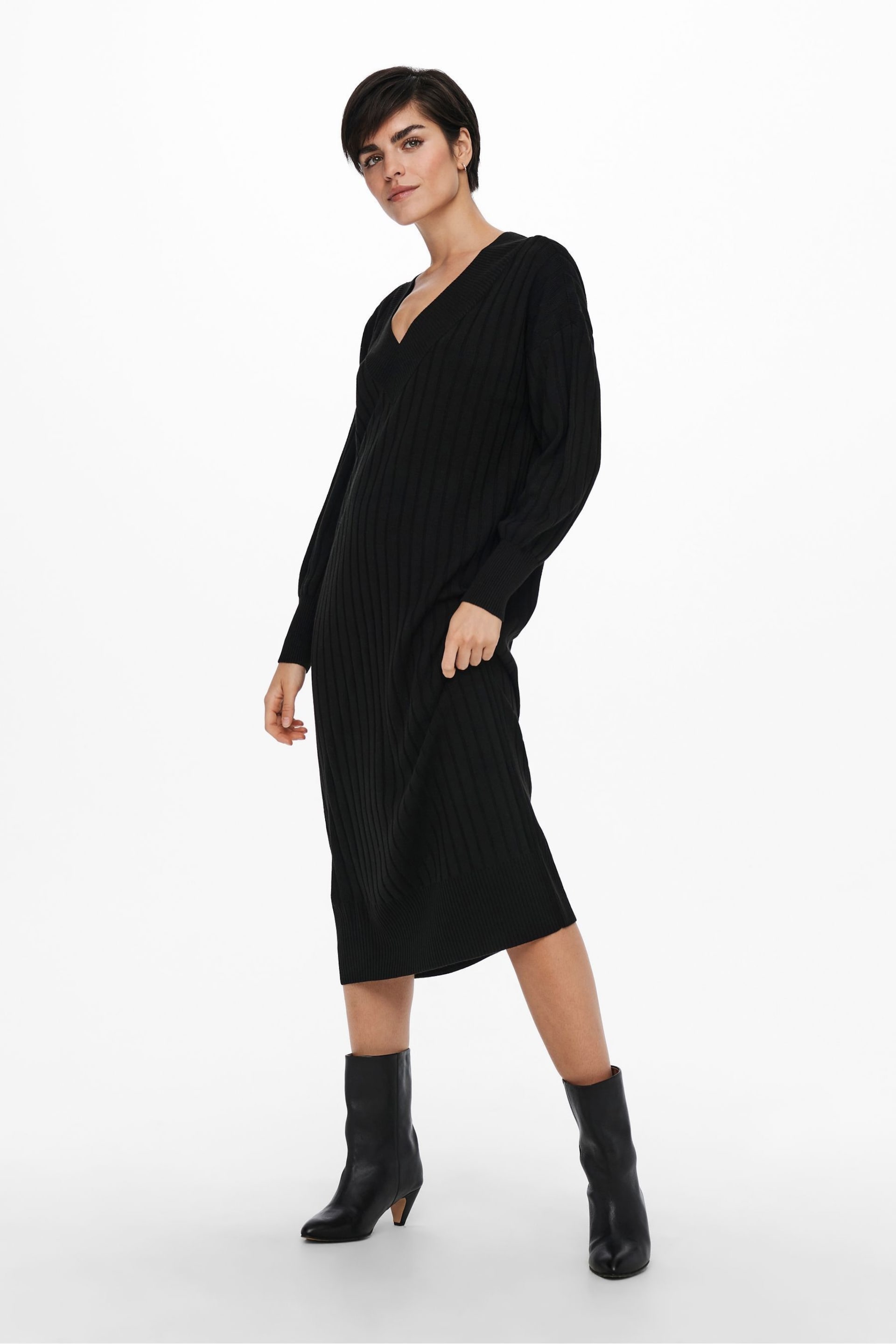 ONLY Black V-Neck Midi Knitted Jumper Dress - Image 3 of 6
