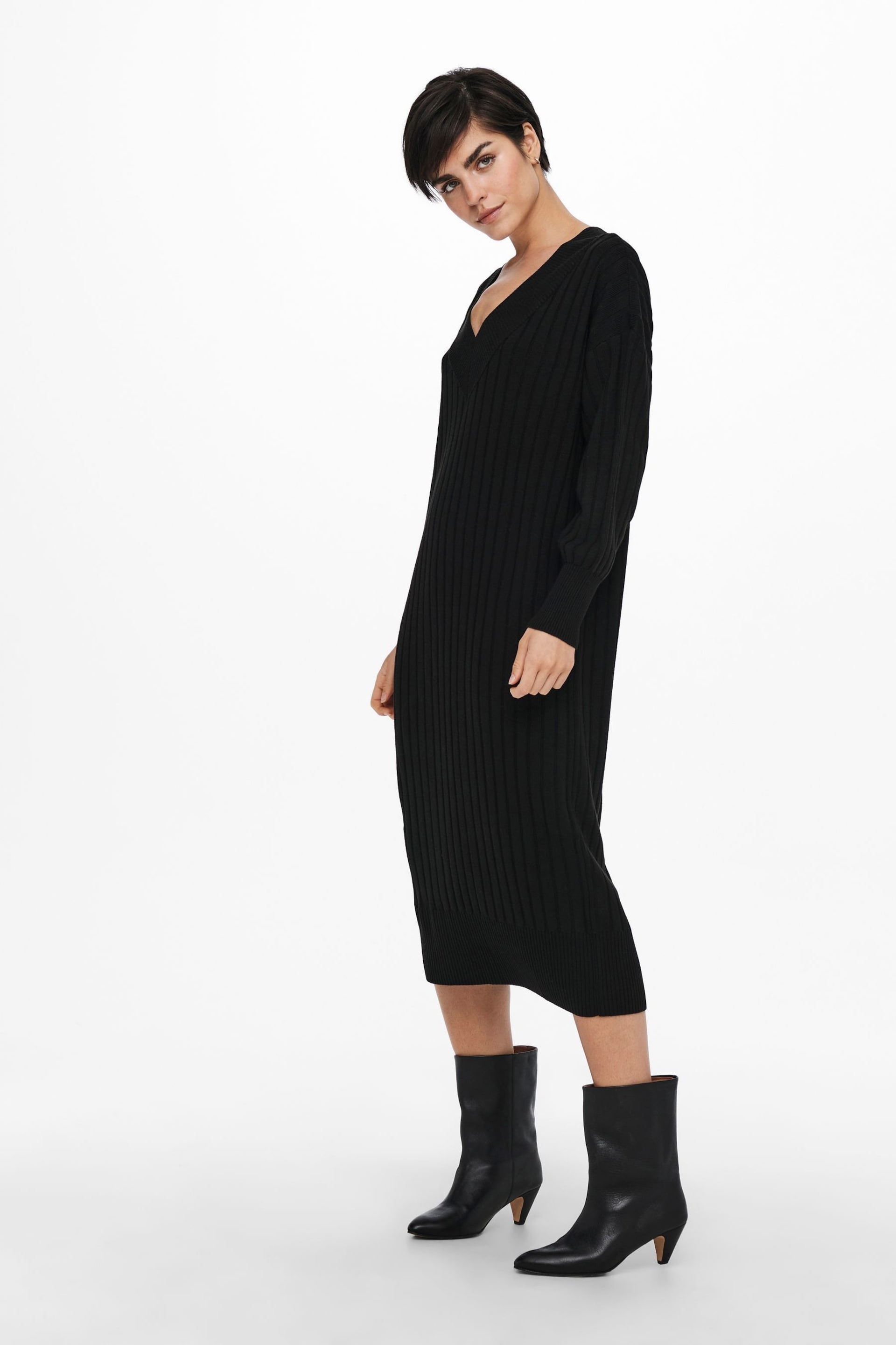 ONLY Black V-Neck Midi Knitted Jumper Dress - Image 4 of 6