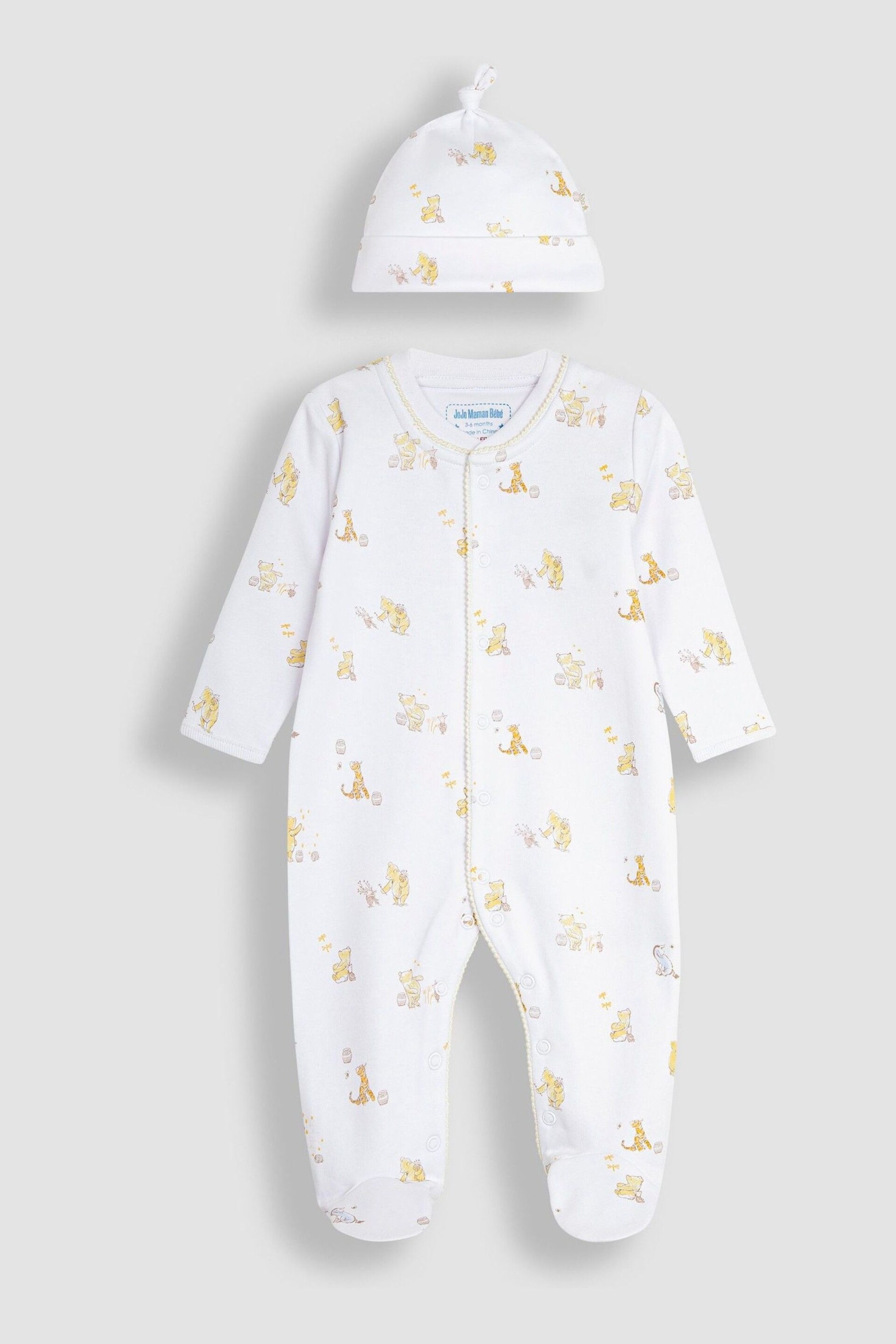 JoJo Maman Bébé Cream Winnie The Pooh Print Sleepsuit & Hat Set - Image 3 of 8
