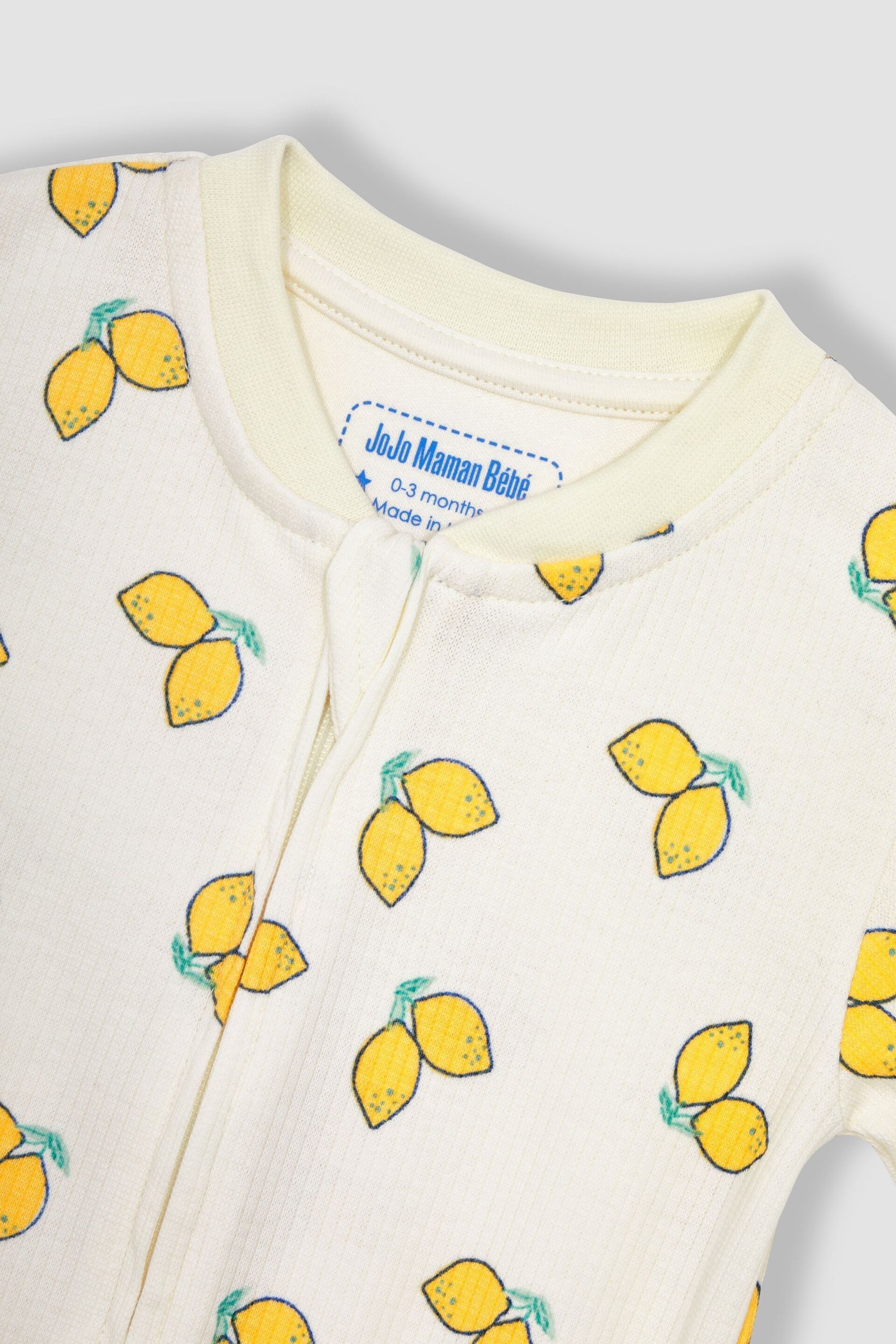 JoJo Maman Bébé Cream Lemon Printed Rib Footless Sleepsuit - Image 2 of 3