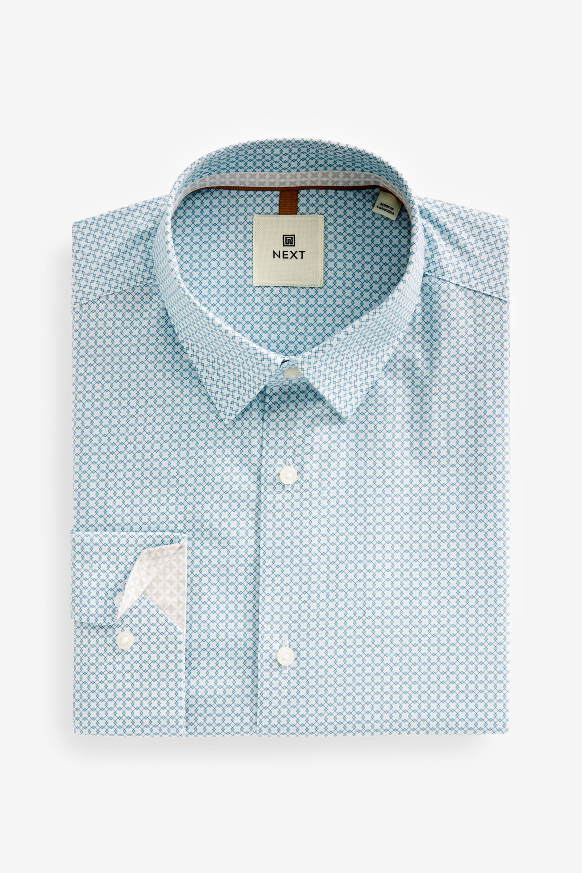 Light Blue Geometric Slim Fit Single Cuff Printed Cotton Shirt - Image 6 of 15