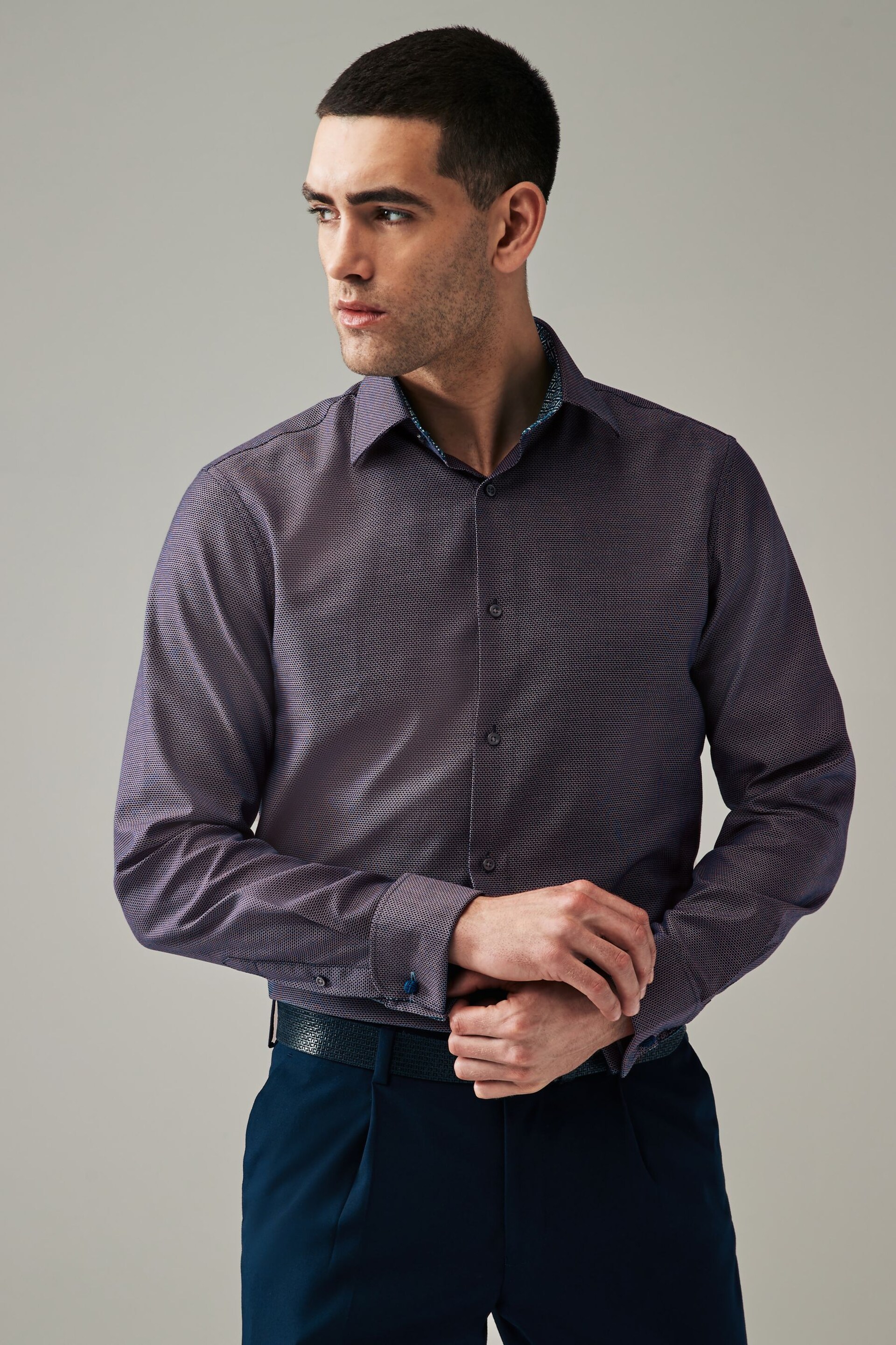 Purple Cotton Textured Trimmed Single Cuff Shirt - Image 1 of 8