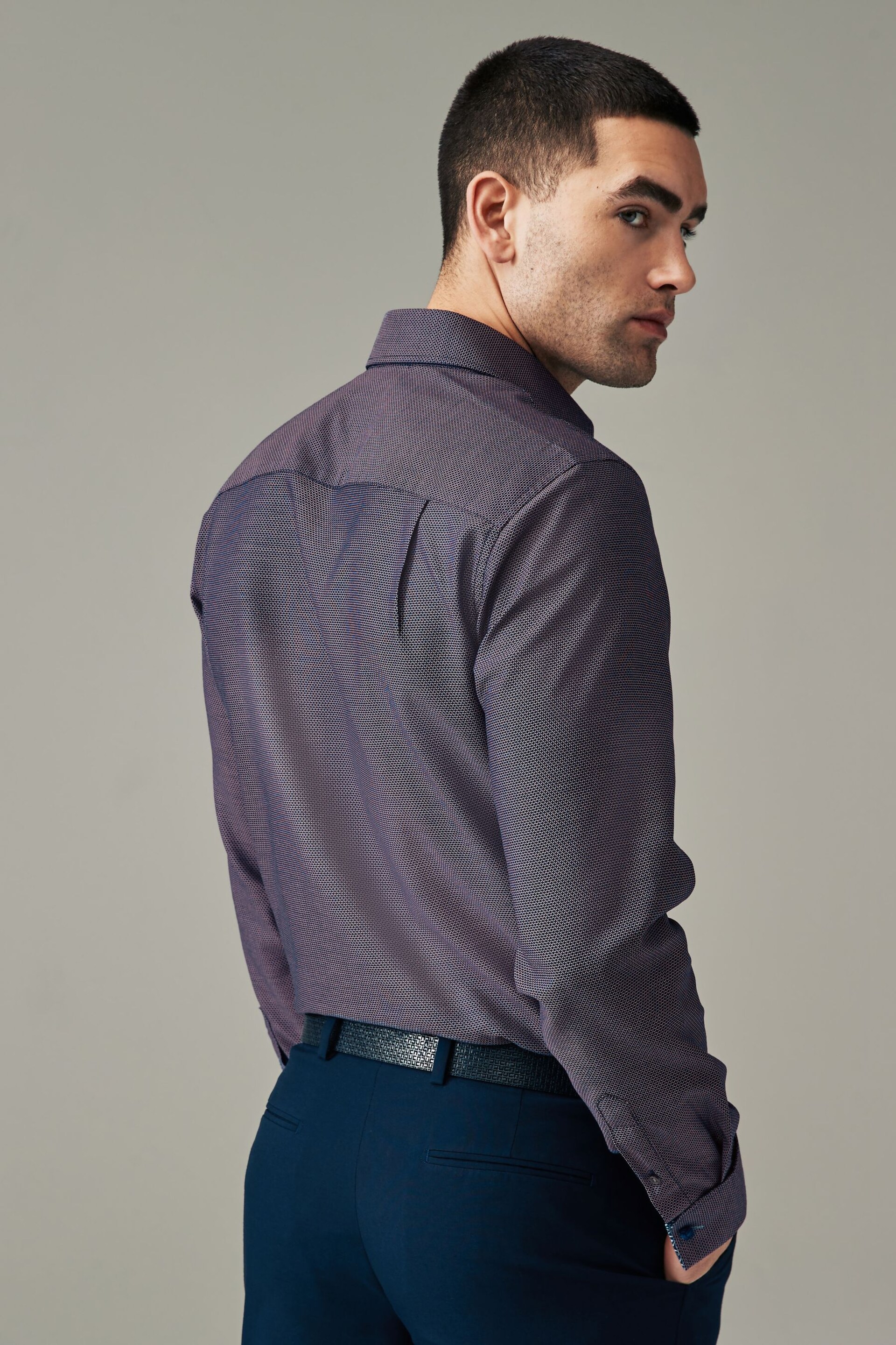 Purple Cotton Textured Trimmed Double Cuff Shirt - Image 2 of 8
