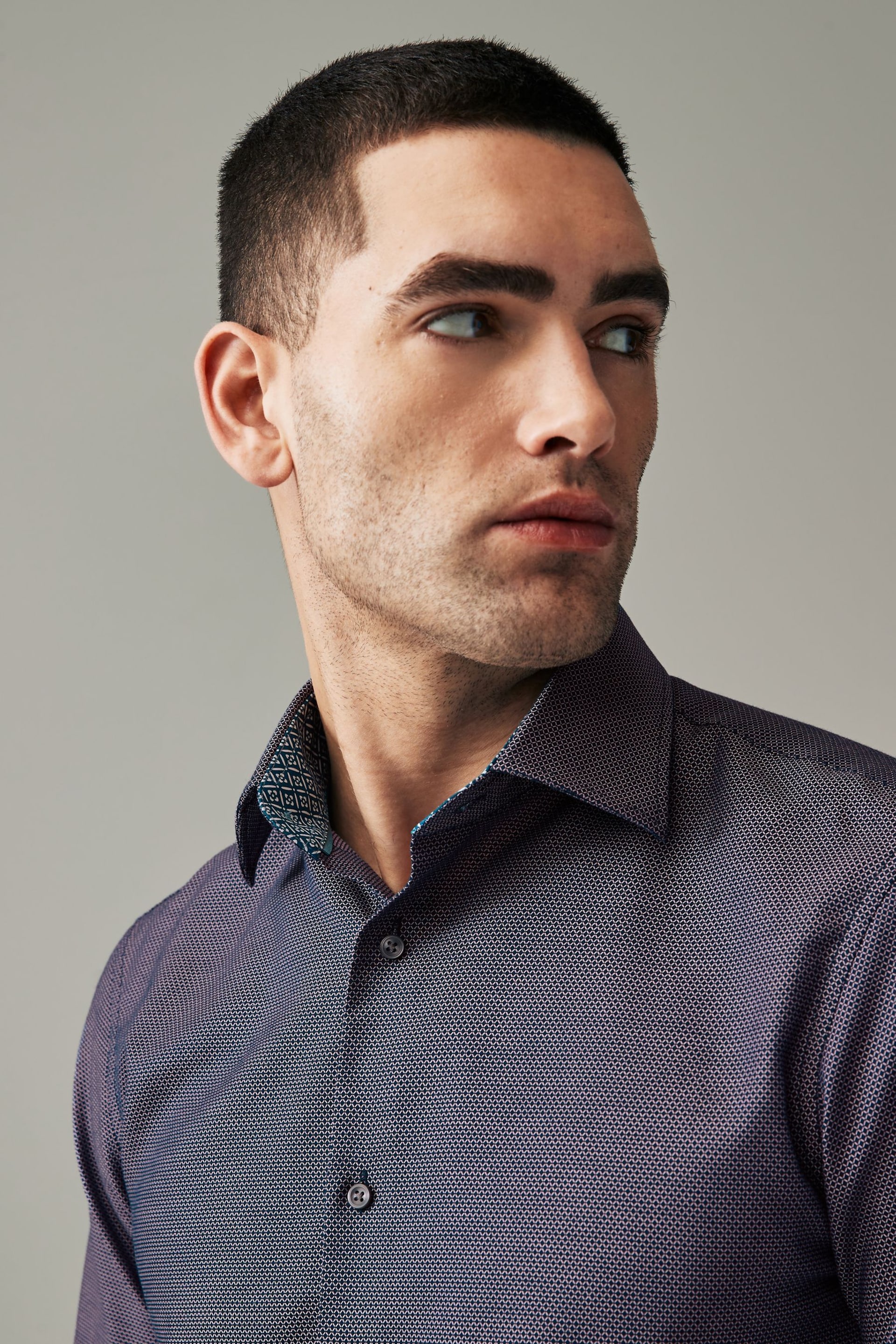 Purple Cotton Textured Trimmed Single Cuff Shirt - Image 3 of 8