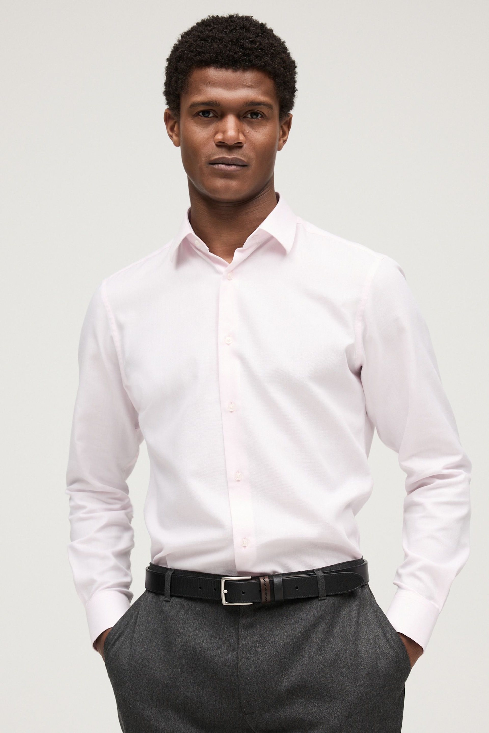 Light Pink Slim Fit Single Cuff Easy Care Textured Shirt - Image 1 of 6