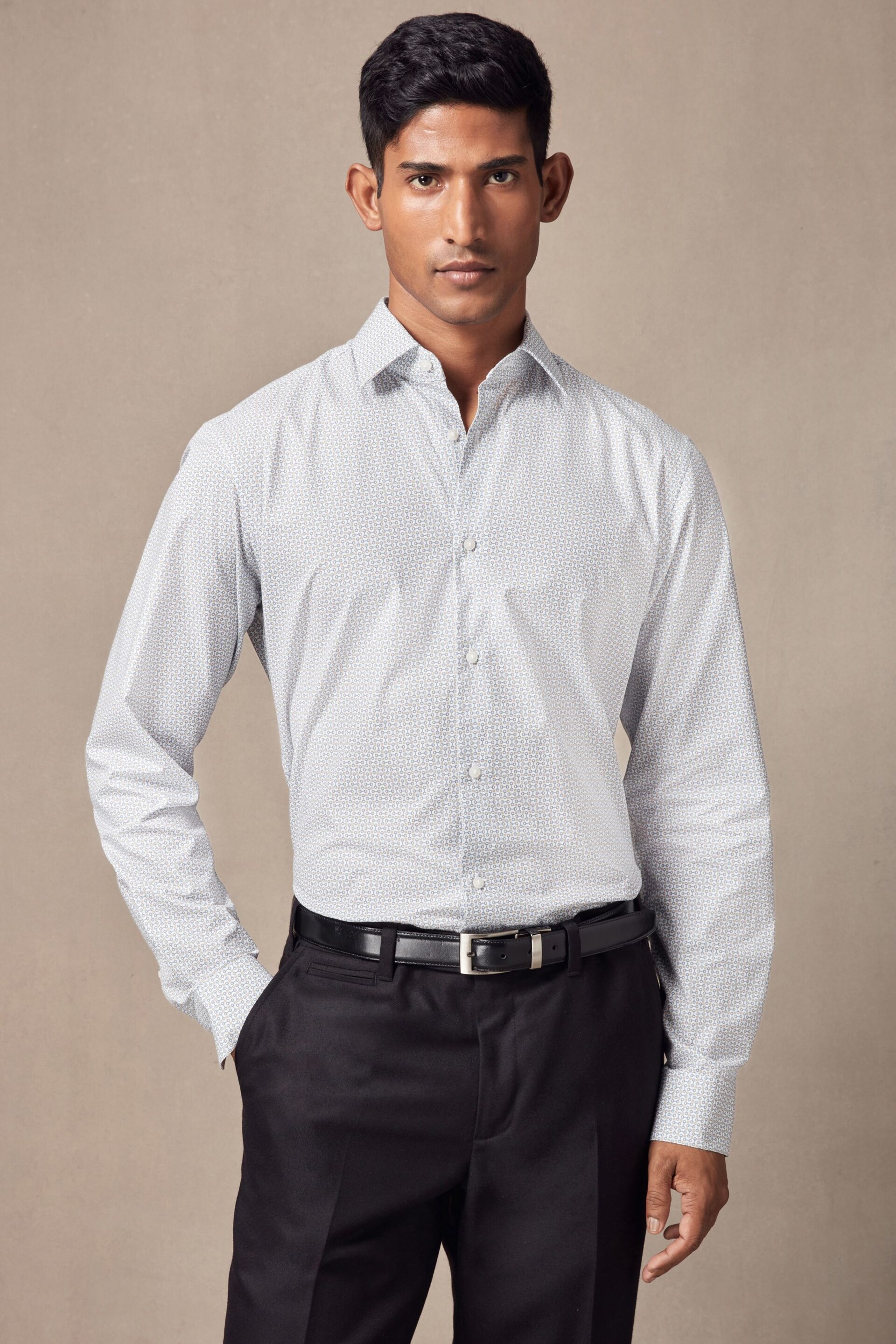 White/Light Blue Geometric Slim Fit Single Cuff Printed Cotton Shirt - Image 3 of 8