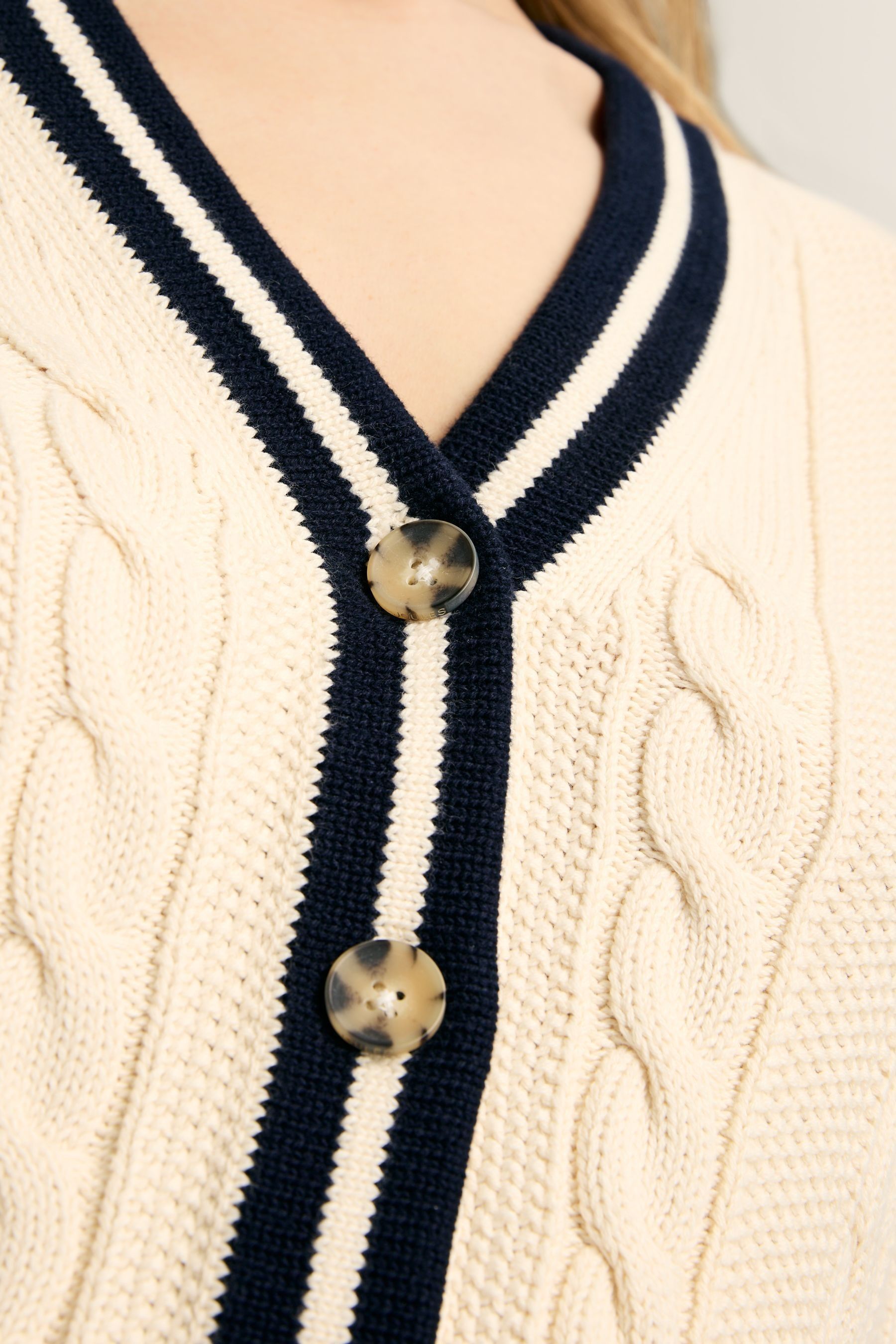 Buy Joules Centre Court Cream Navy Button Through Cable Knit Cardigan from the Next UK online shop
