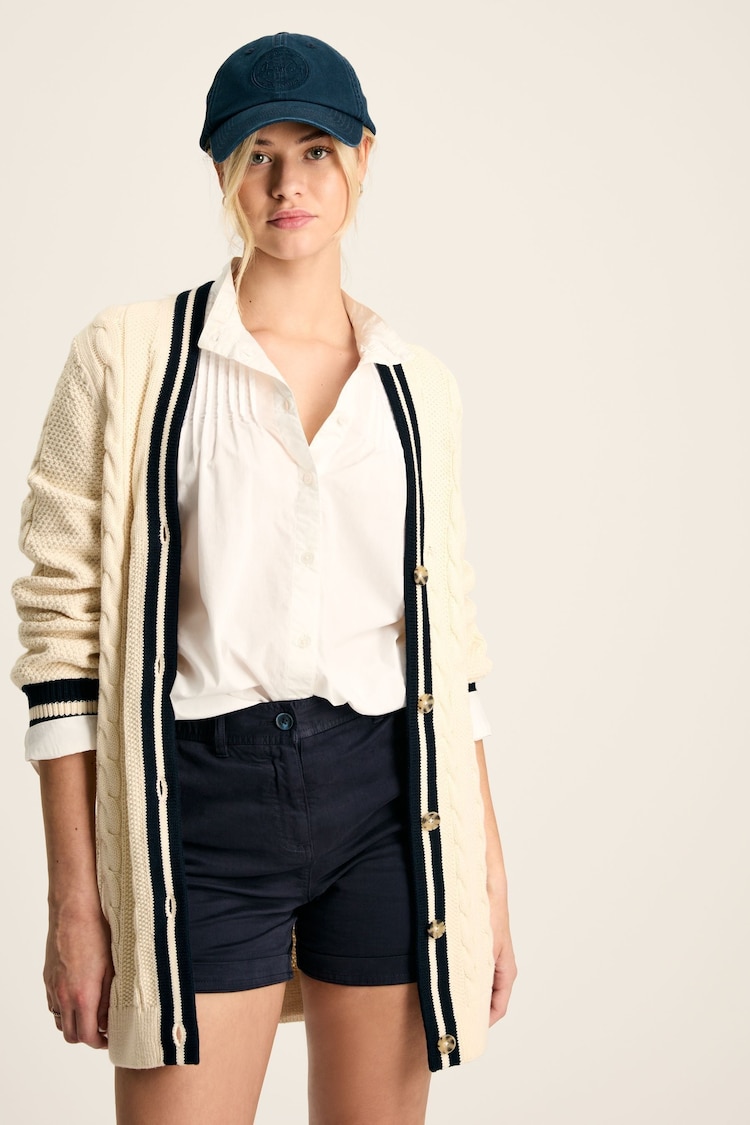 Joules Game Point Cream/Navy Button Through Longline Cable Knit Cardigan - Image 1 of 6