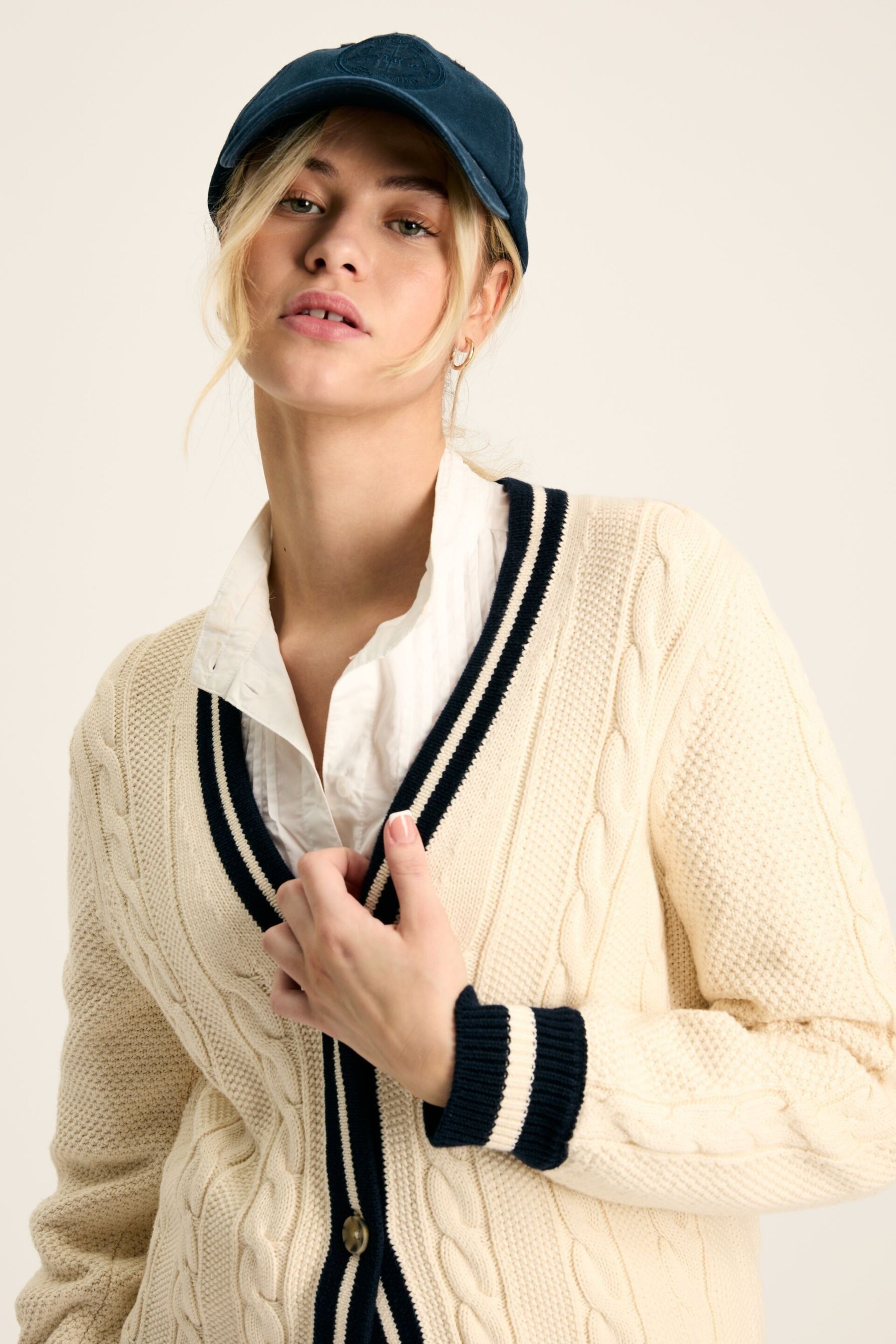 Joules Game Point Cream/Navy Button Through Longline Cable Knit Cardigan - Image 6 of 7