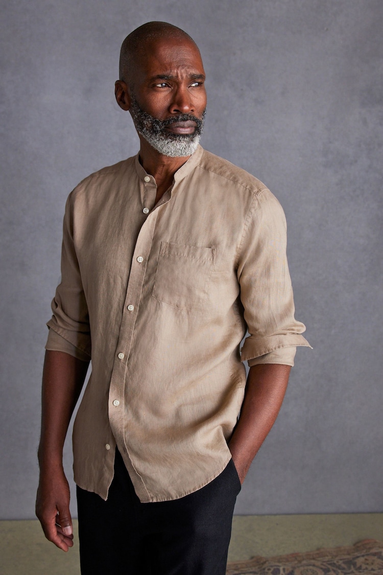 Neutral Grandad Collar Signature 100% Linen Long Sleeve Shirt - Image 1 of 8