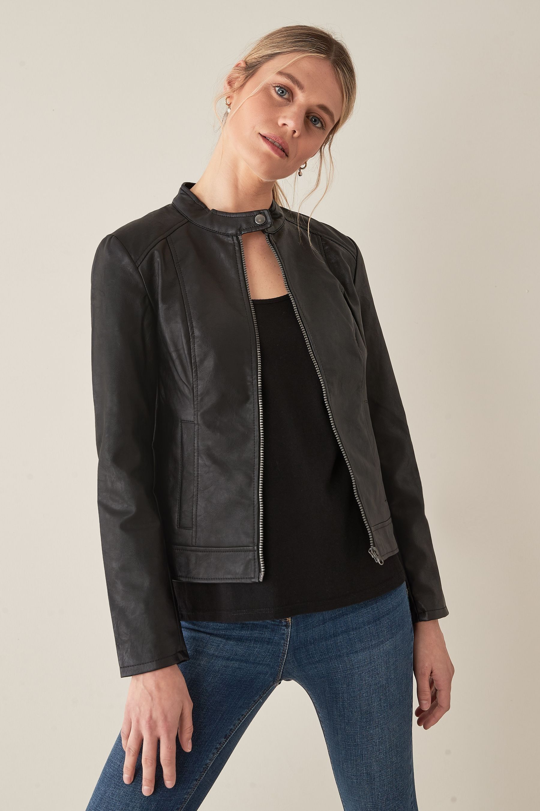 Buy JDY Black Faux Leather Collarless 100 Cotton Jacket from the Next UK online shop