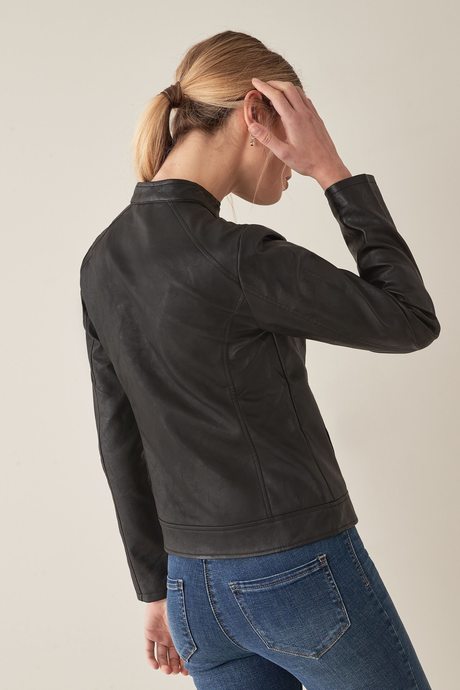 JDY Black Faux Leather Collarless 100 Cotton Jacket