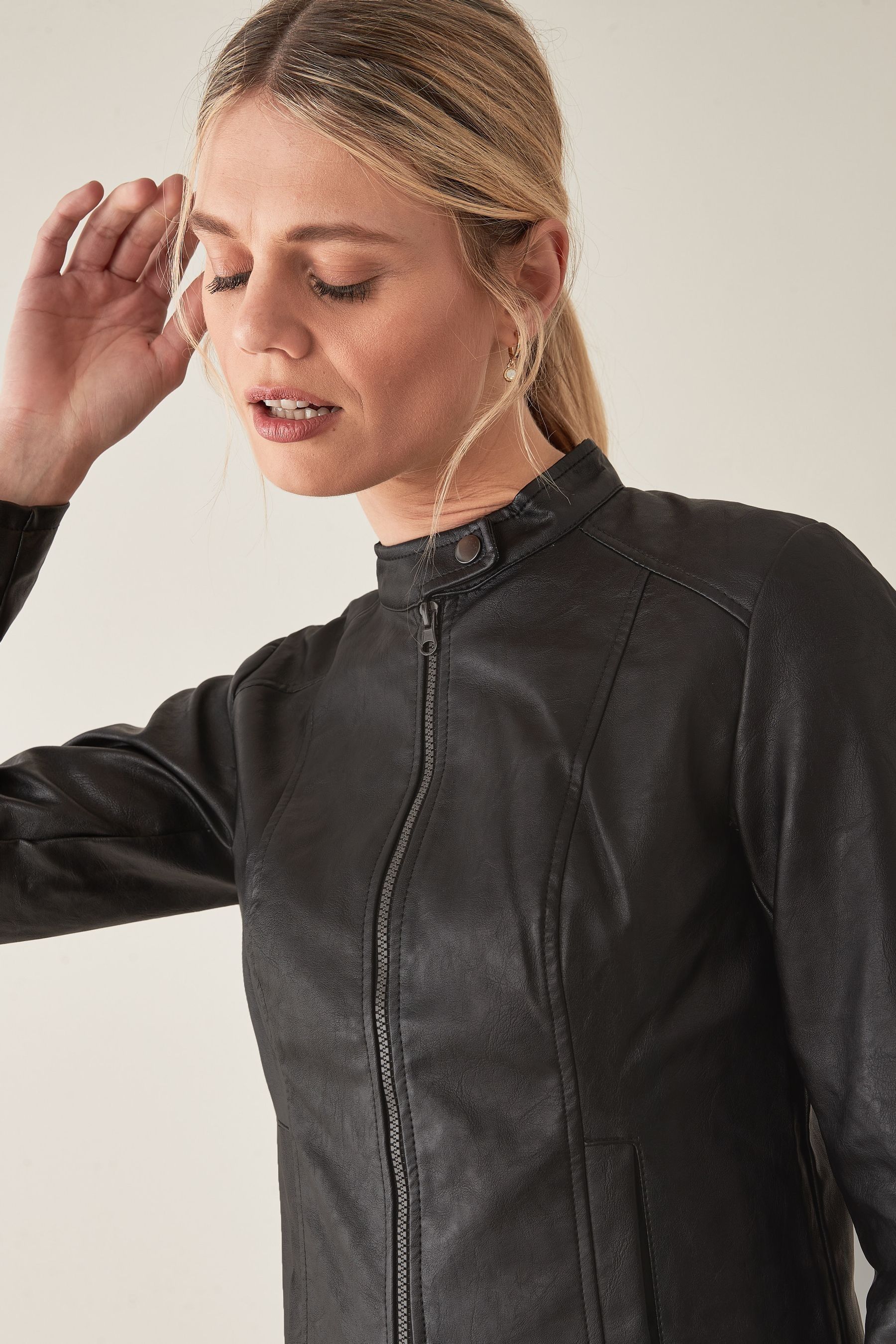JDY Black Faux Leather Collarless 100 Cotton Jacket