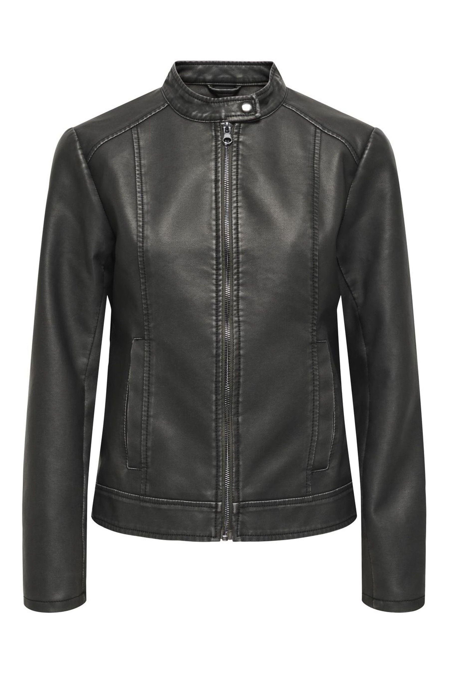 JDY Black Faux Leather Collarless 100 Cotton Jacket