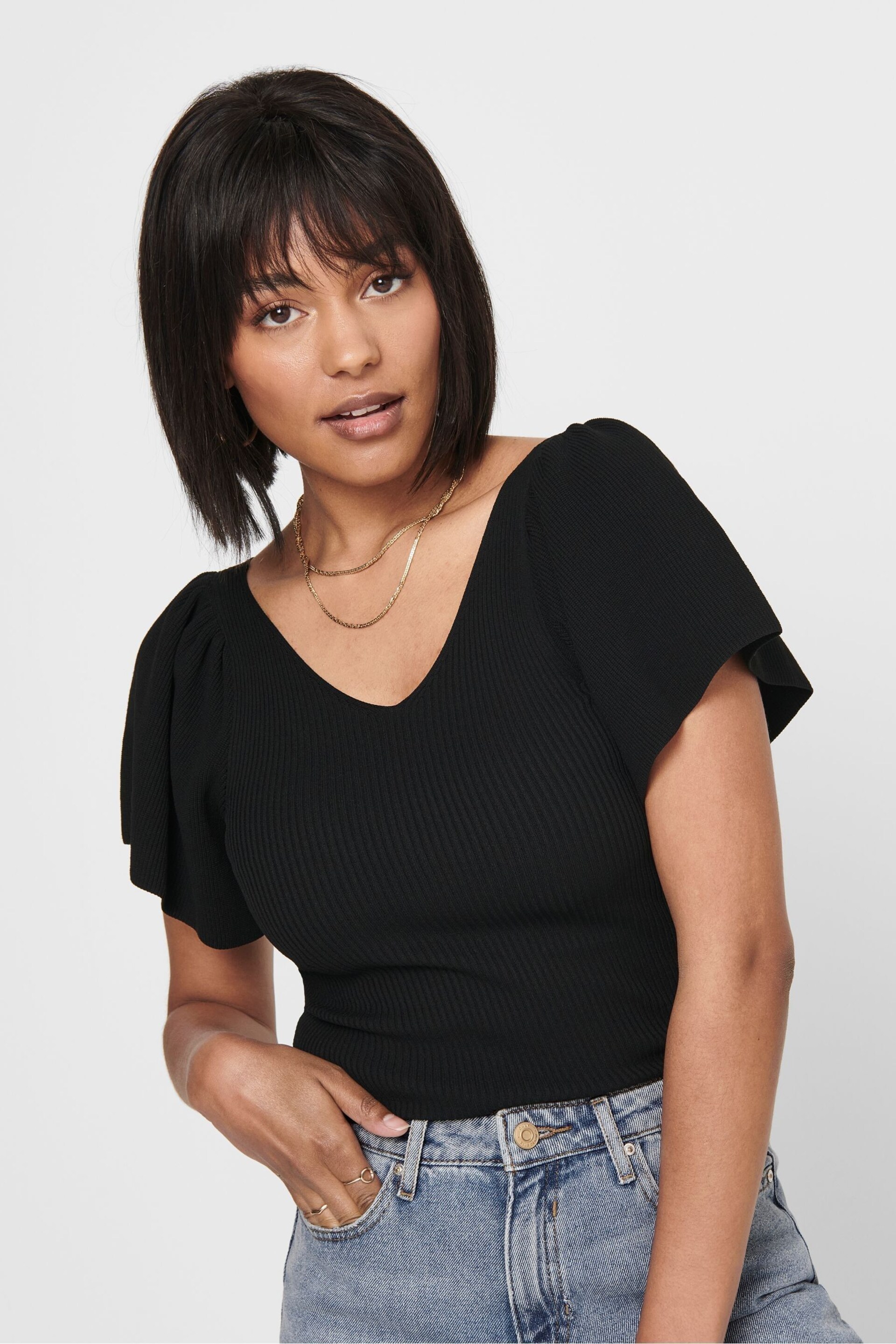 ONLY Black Frill Sleeve Top - Image 1 of 5