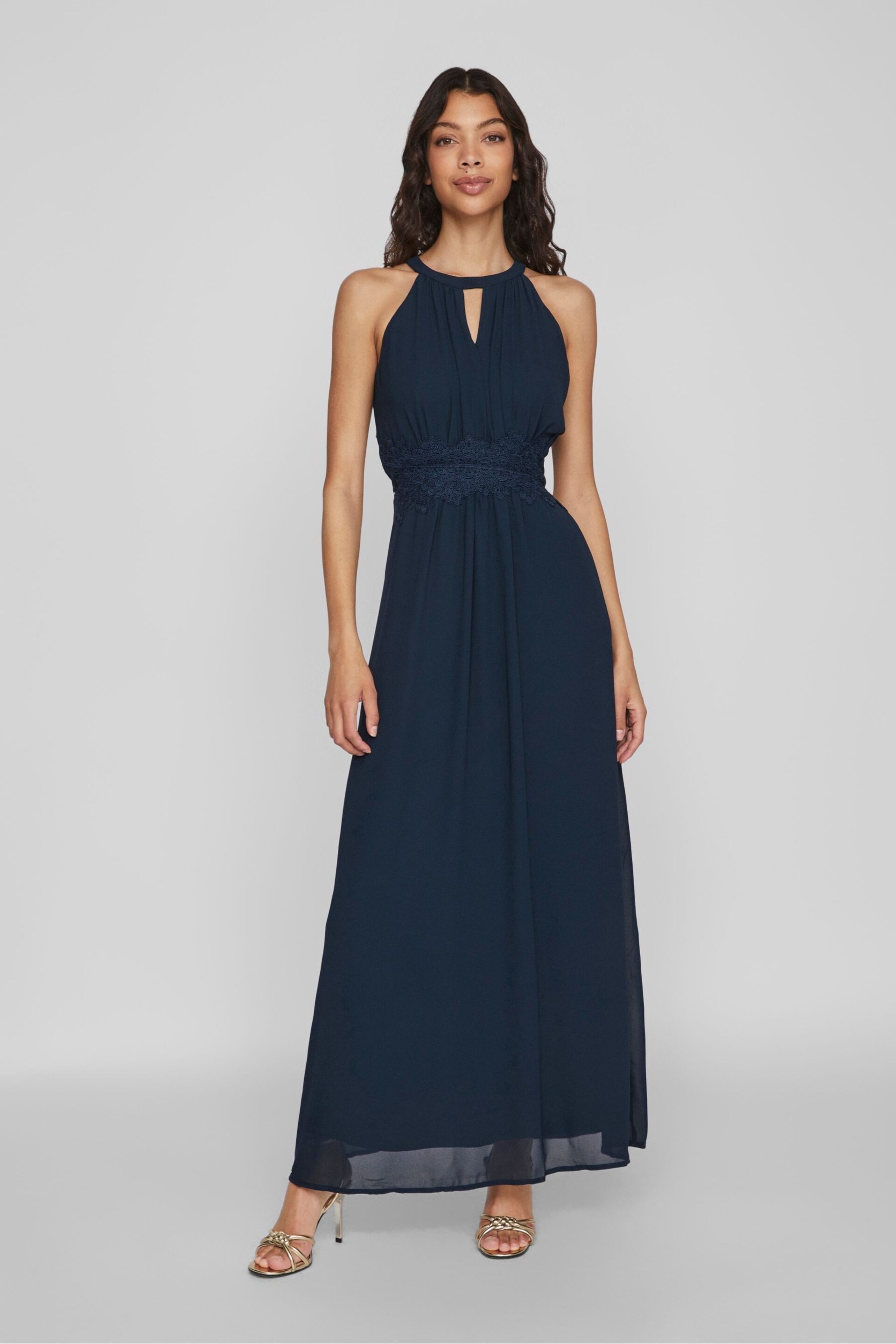 VILA Blue Halter Neck Tulle Maxi Dress - Image 1 of 6