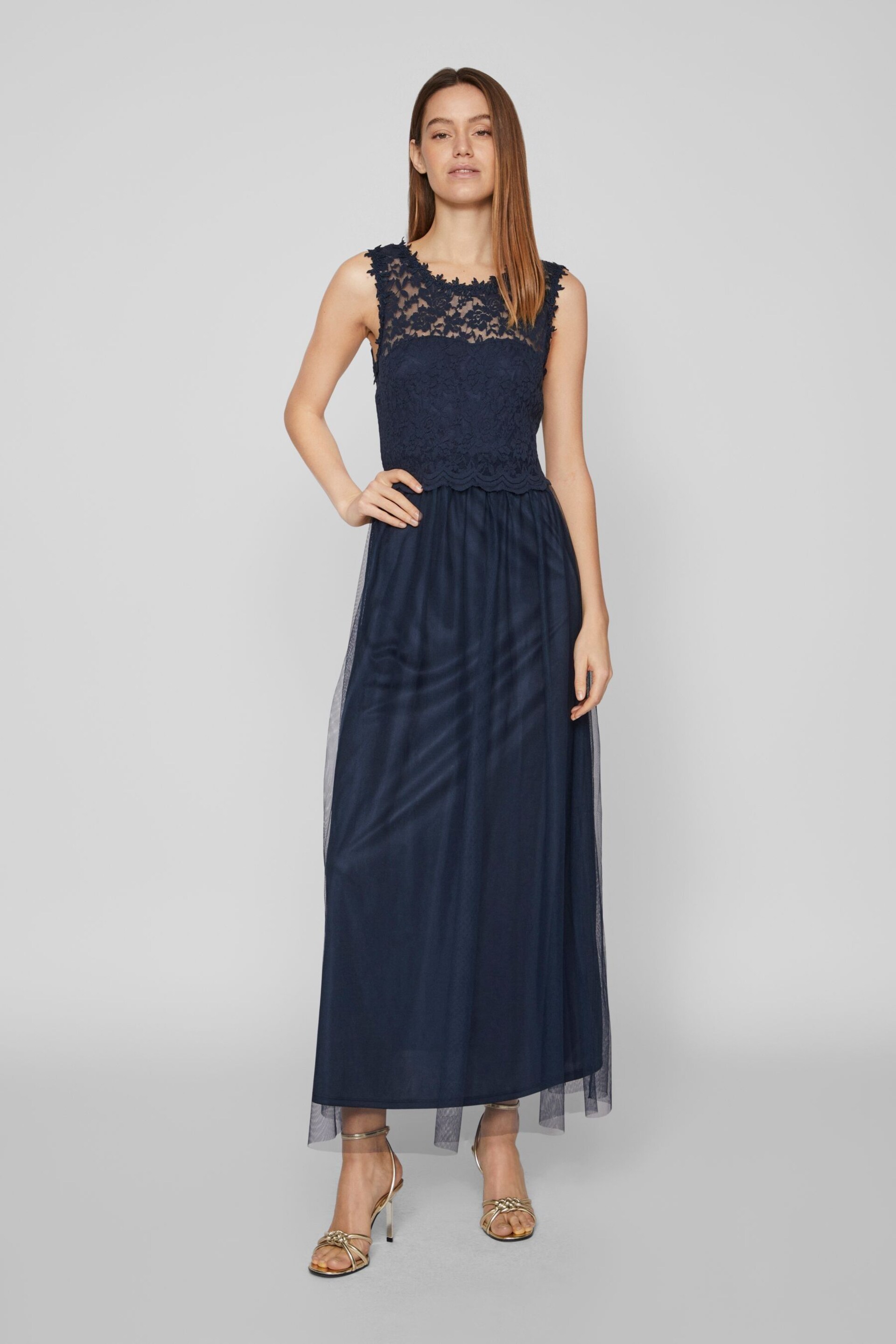 VILA Blue Sleeveless Lace And Tulle Maxi Dress - Image 1 of 7