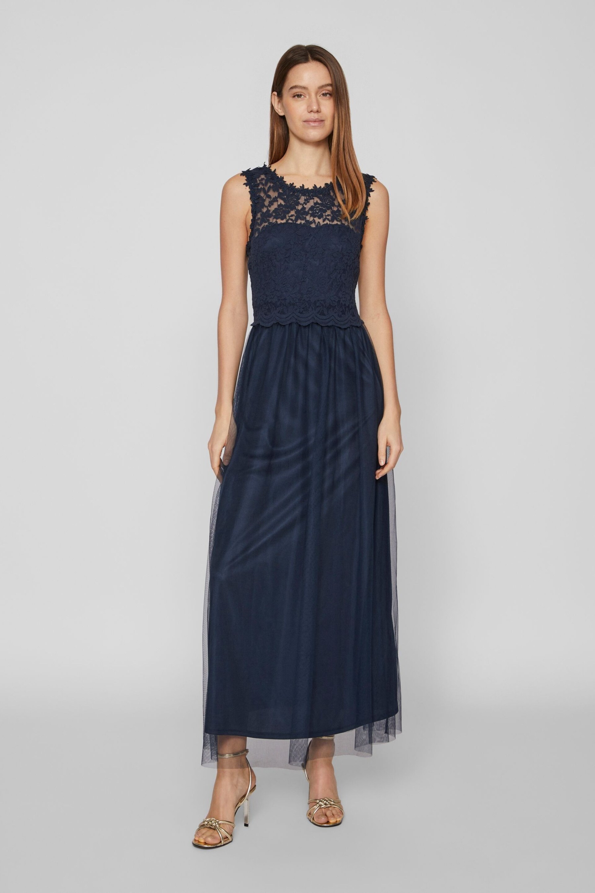 VILA Blue Sleeveless Lace And Tulle Maxi Dress - Image 3 of 7