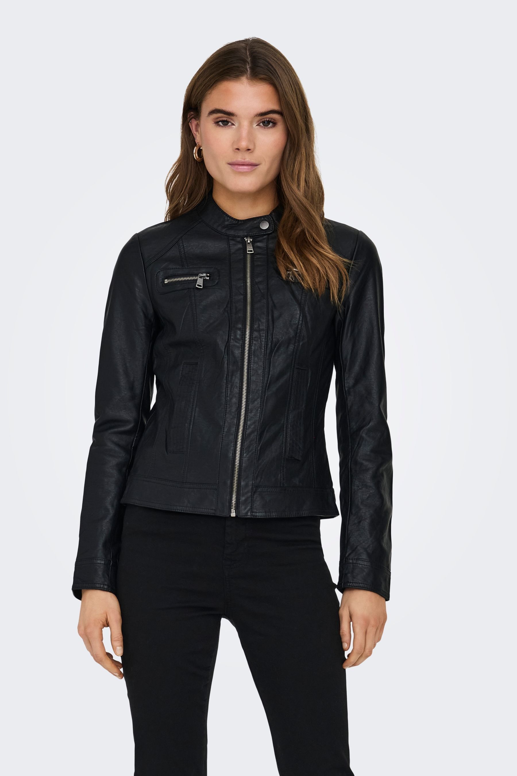 Collarless pu jacket top