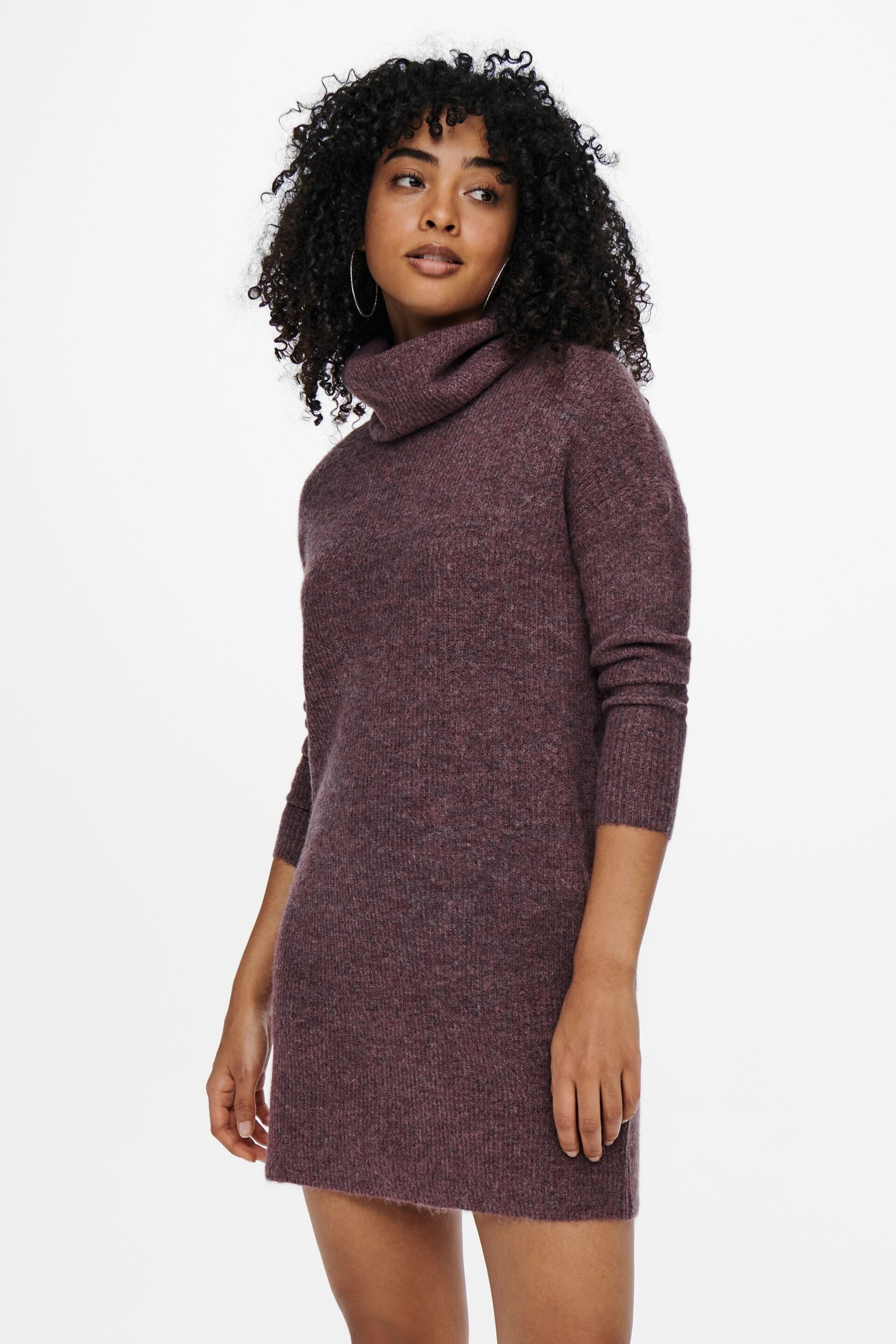 ONLY Burgundy Knitted Roll Neck Jumper Dress - Image 1 of 6