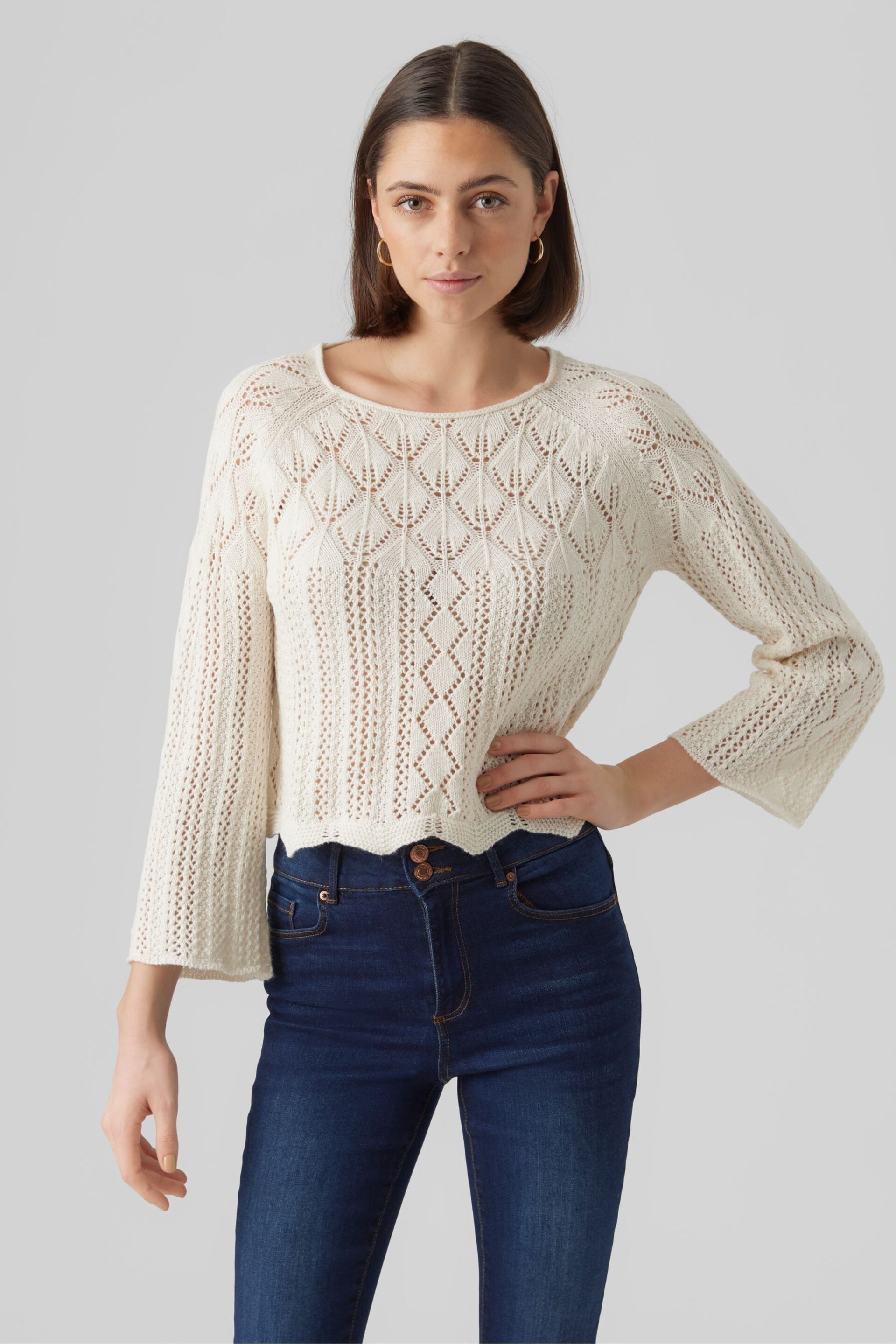 VERO MODA Cream Crochet Long Sleeve Top - Image 2 of 6