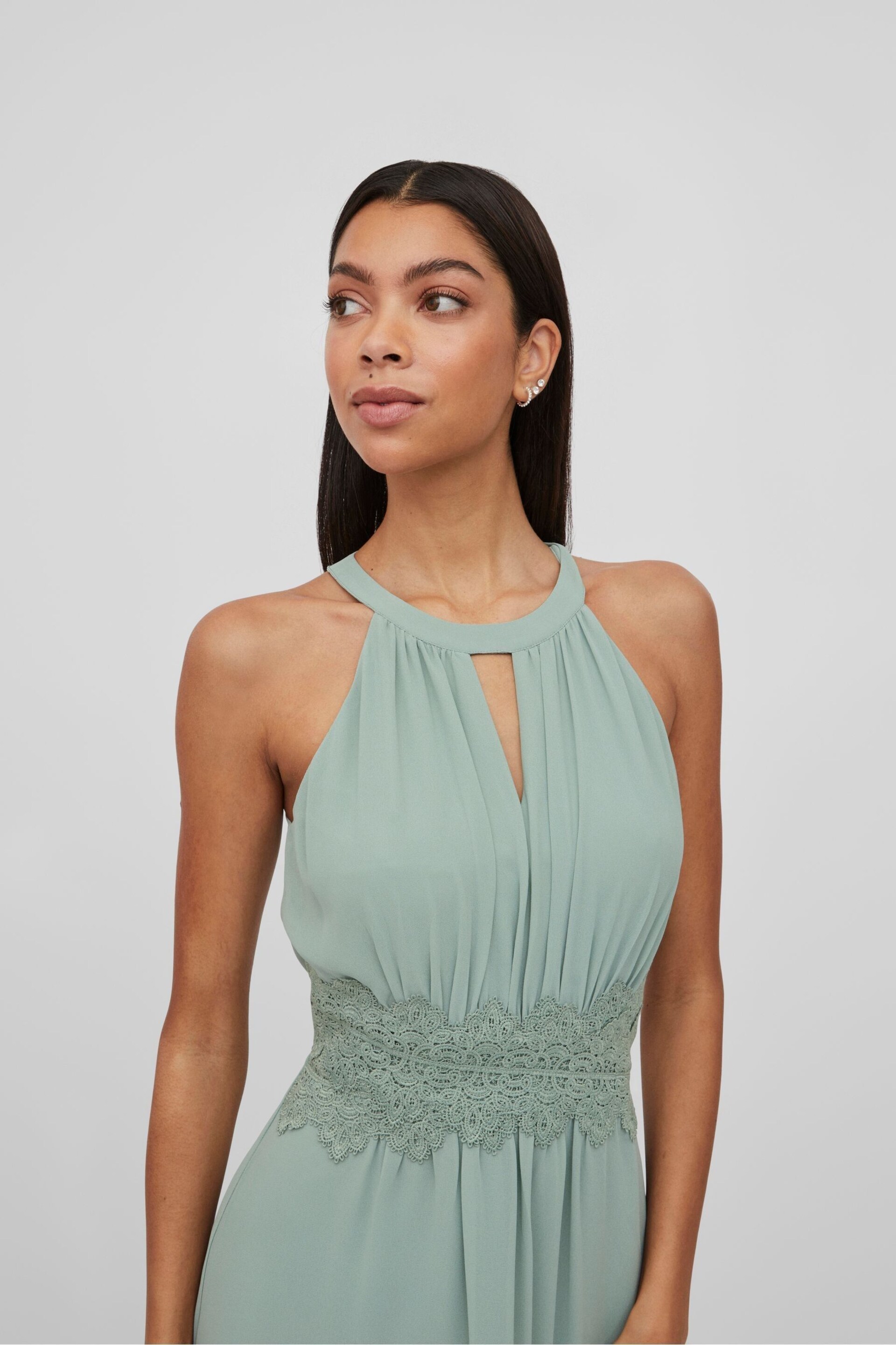 VILA Green Halter Neck Tulle Fit And Flare Dress - Image 5 of 7