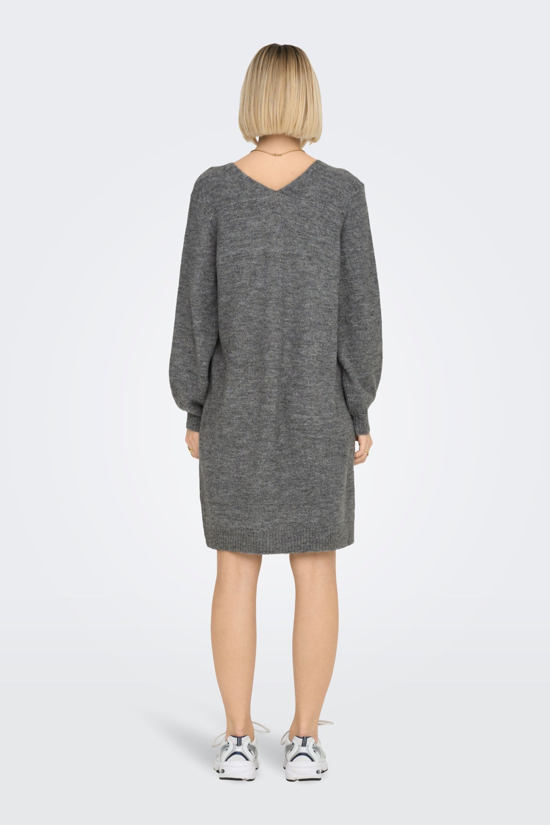 JDY Grey V-Neck Knitted Jumper Dress - Image 3 of 6
