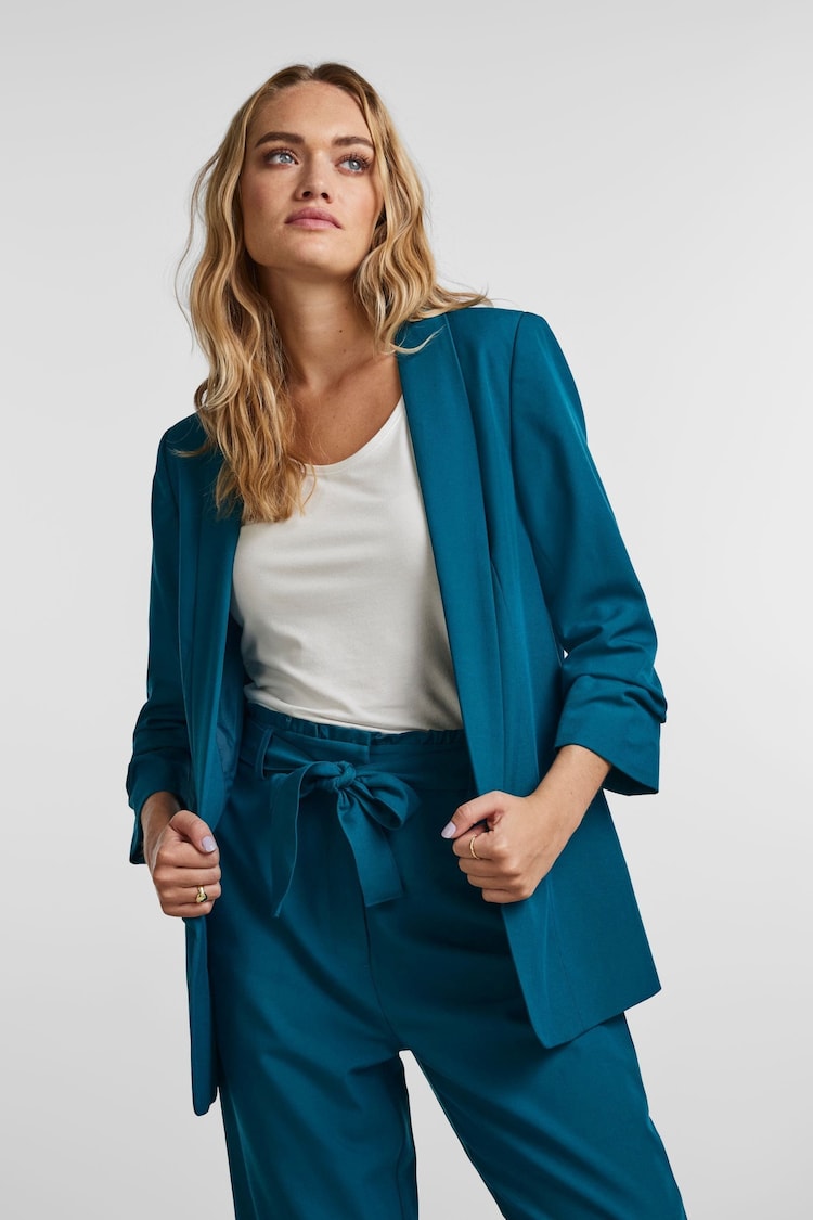 PIECES Blue Ruched Sleeve 100% Cotton Blazer - Image 1 of 6