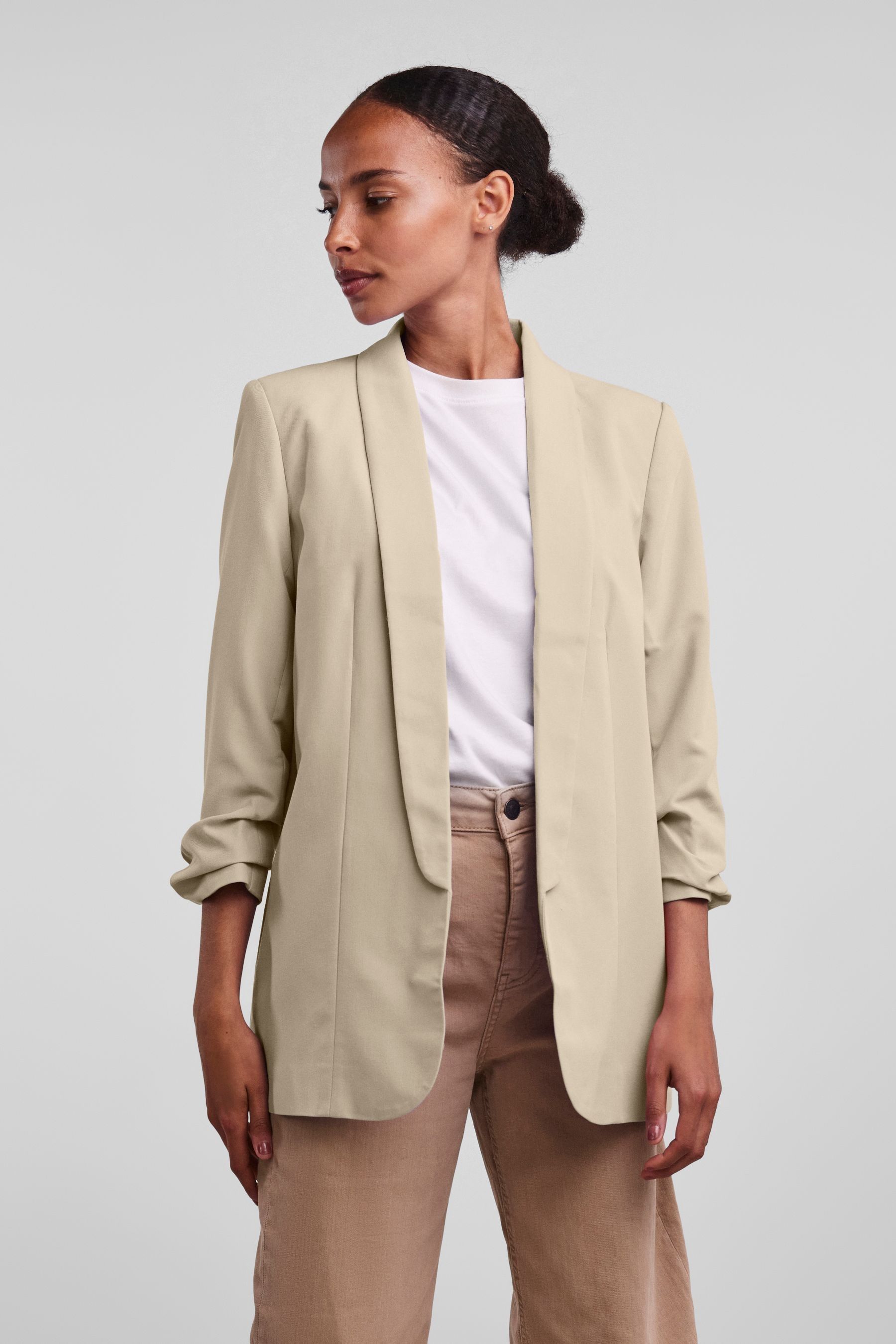 Buy PIECES Cream Ruched Sleeve Blazer from Next Oman