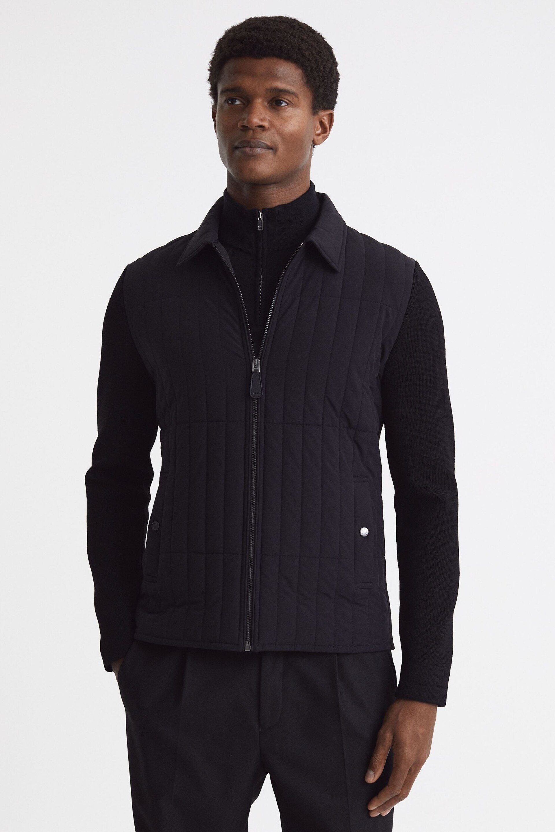 Reiss Black Tosca Hybrid Knit and Quilt Jacket - Image 1 of 5
